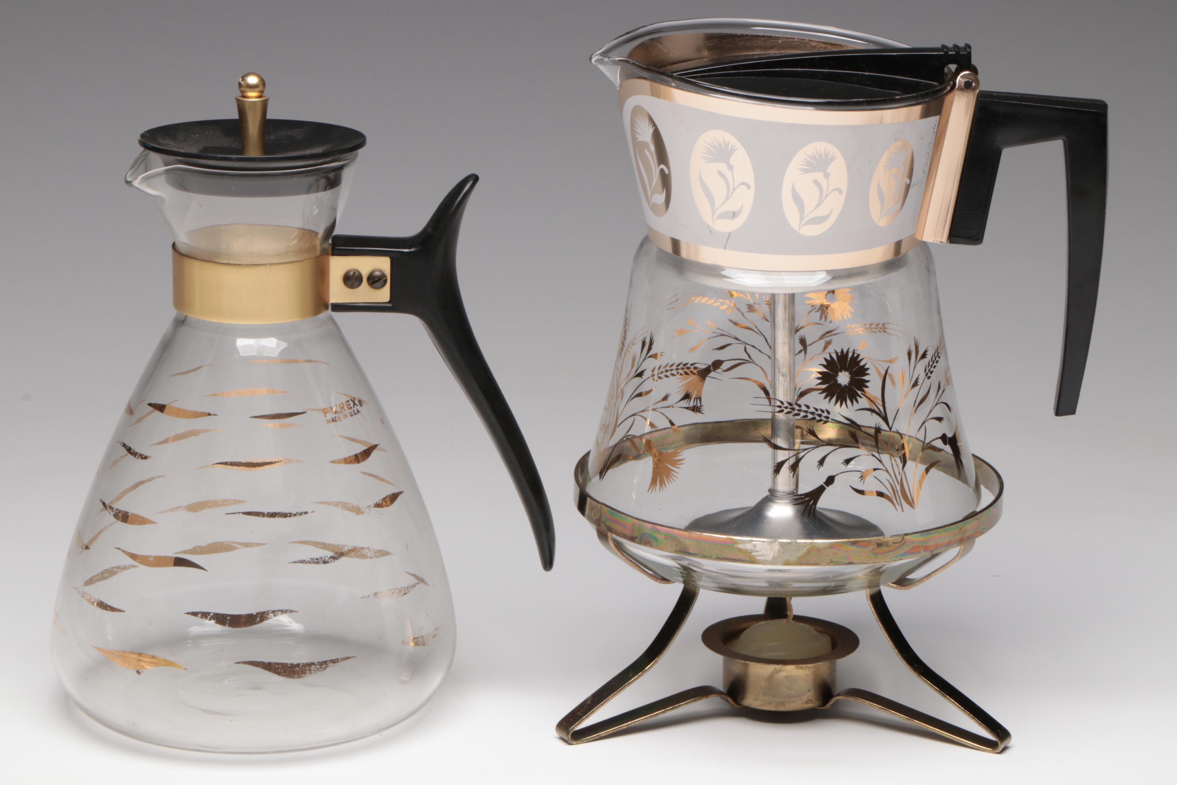 Pyrex and David Douglas Coffee Carafes with Other Warming Tray, Mid-20th Century