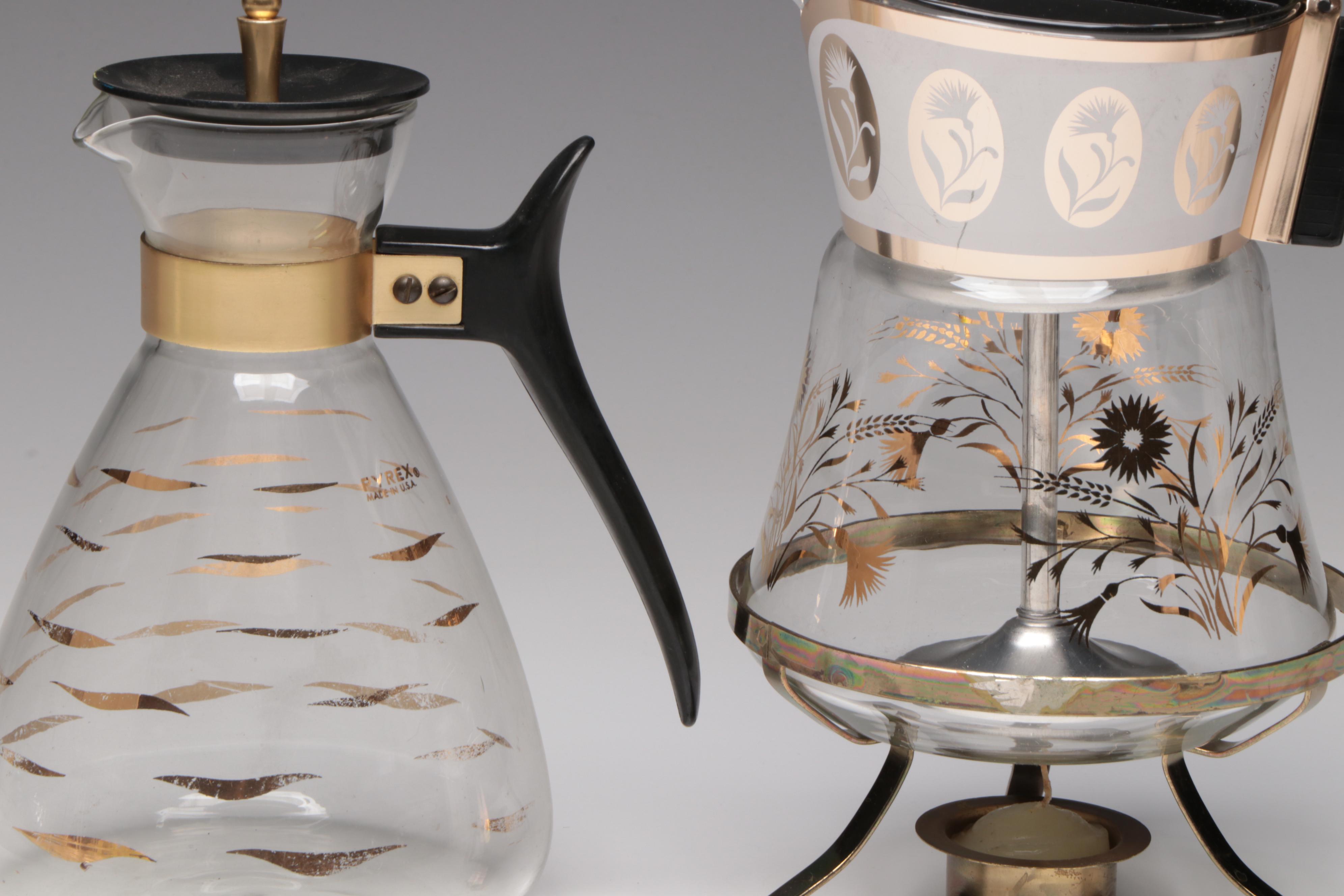 Pyrex and David Douglas Coffee Carafes with Other Warming Tray, Mid-20th Century