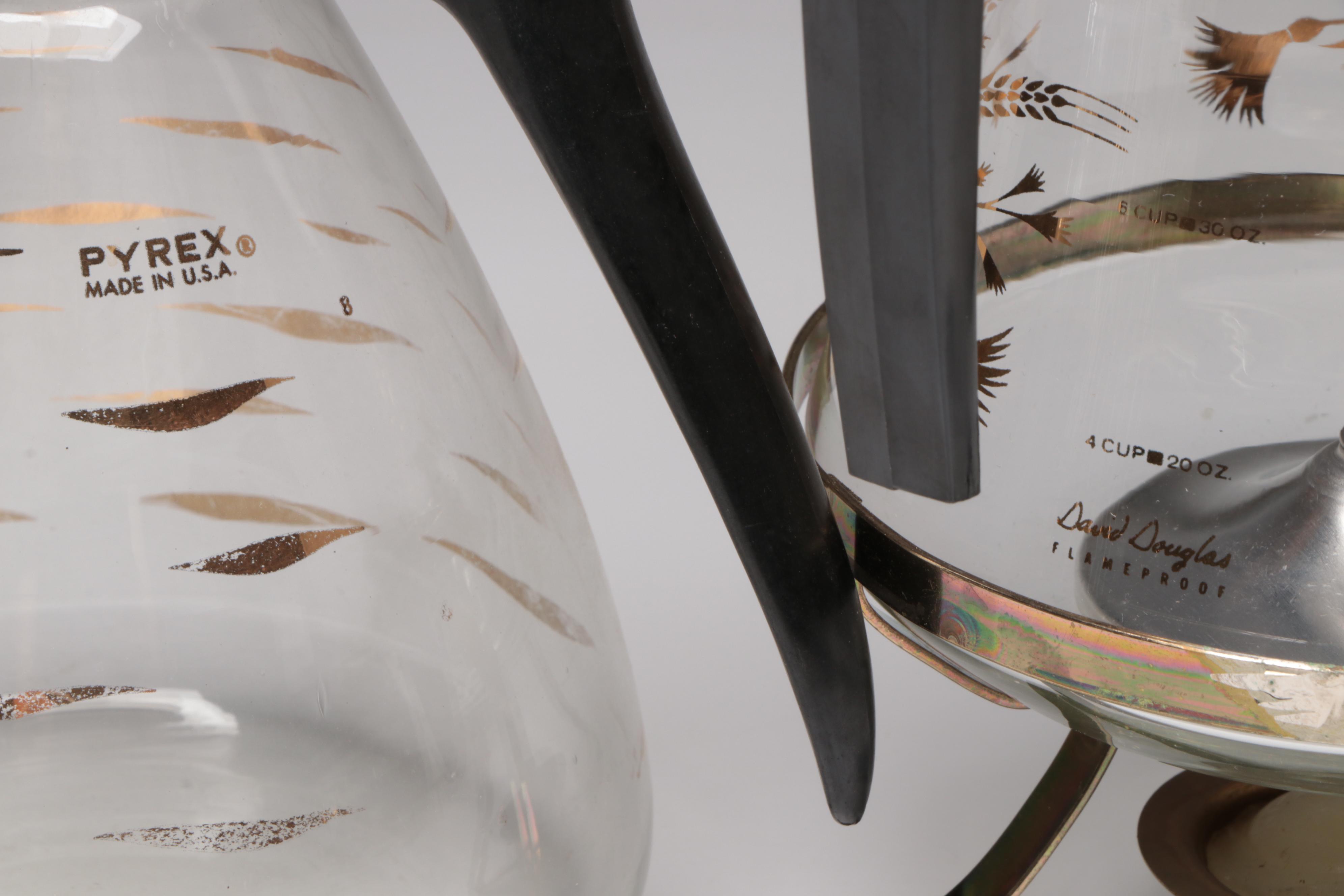 Pyrex and David Douglas Coffee Carafes with Other Warming Tray, Mid-20th Century
