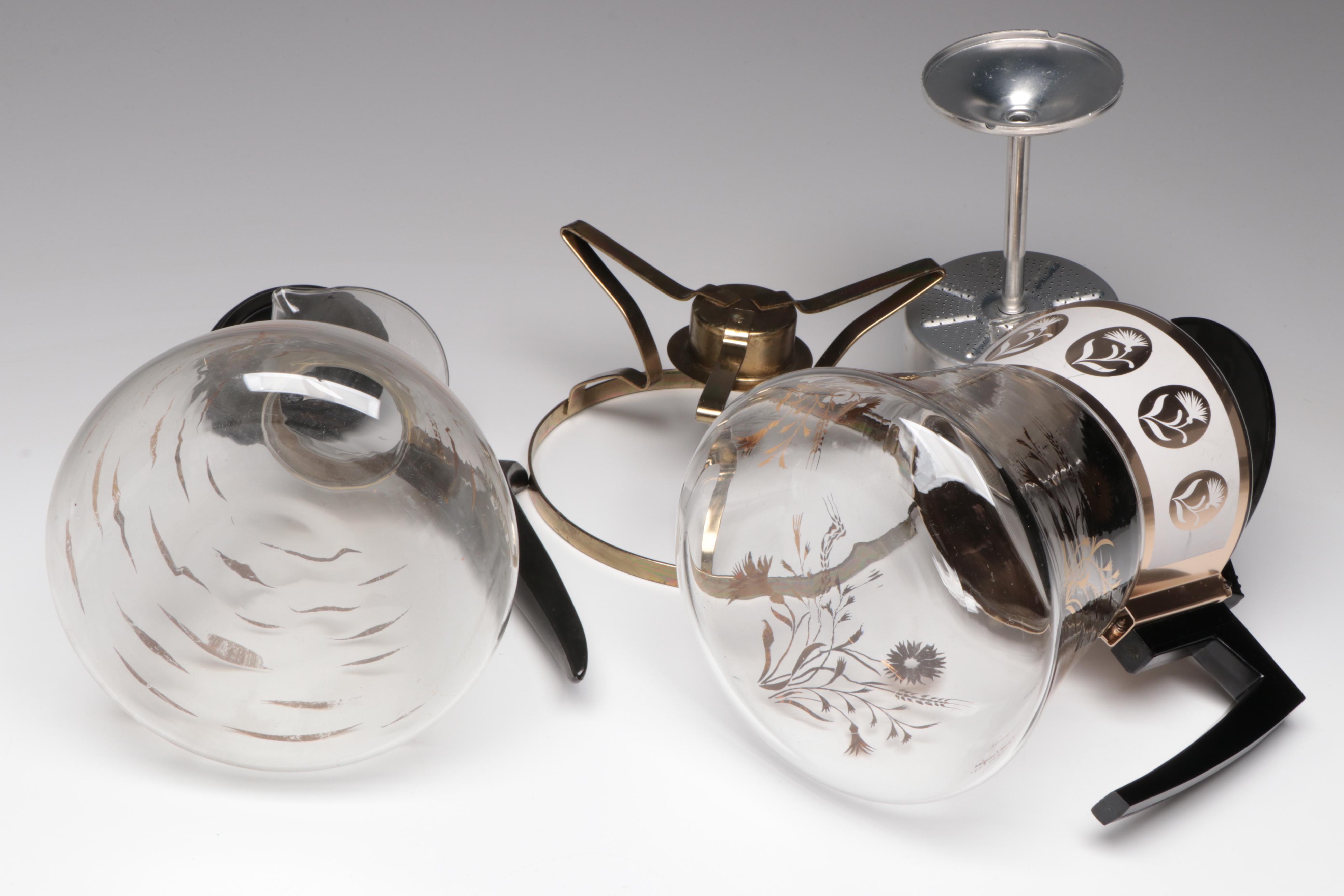 Pyrex and David Douglas Coffee Carafes with Other Warming Tray, Mid-20th Century