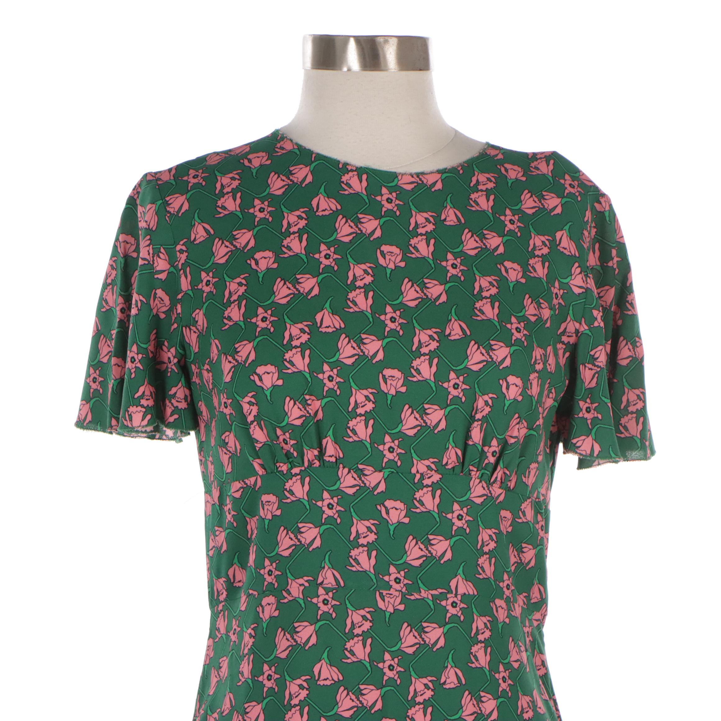 Prada Daffodil Print Dress with Short Flutter Sleeves