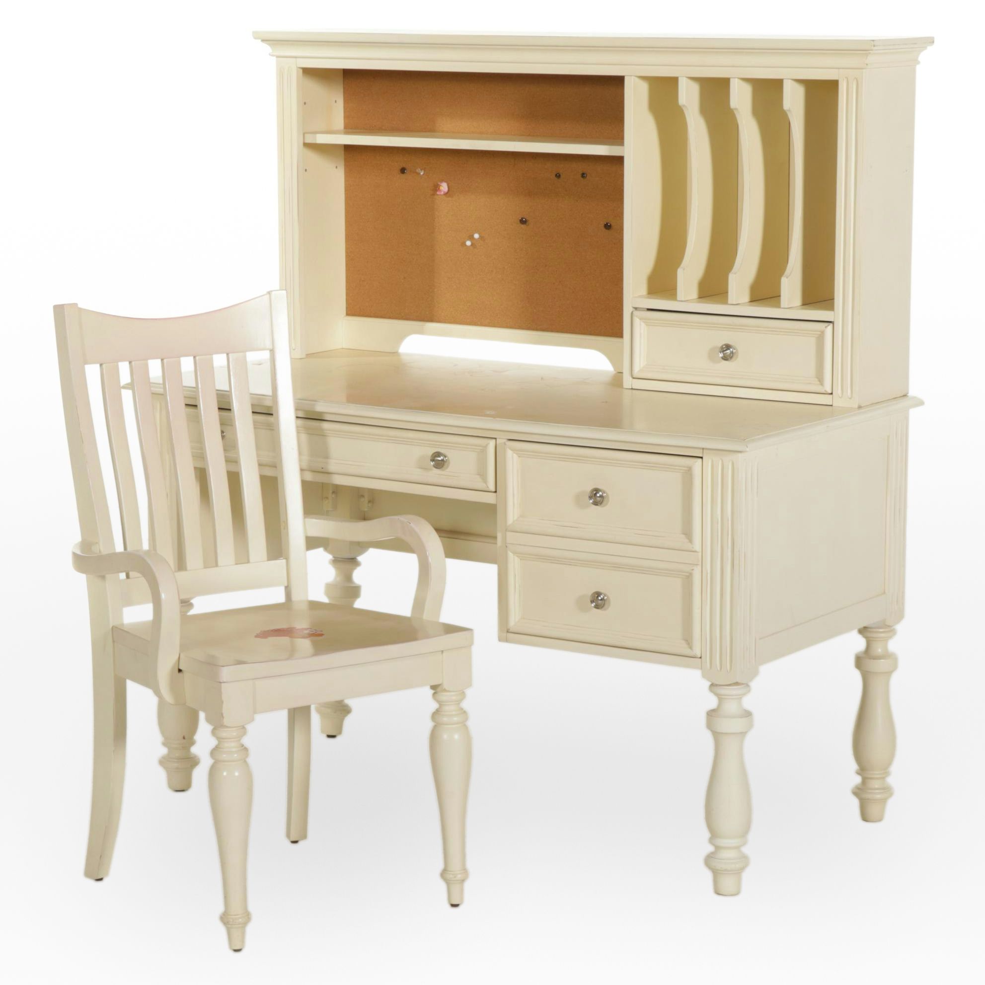 Cream Finish Wood Writing Desk with Hutch and Desk Chair