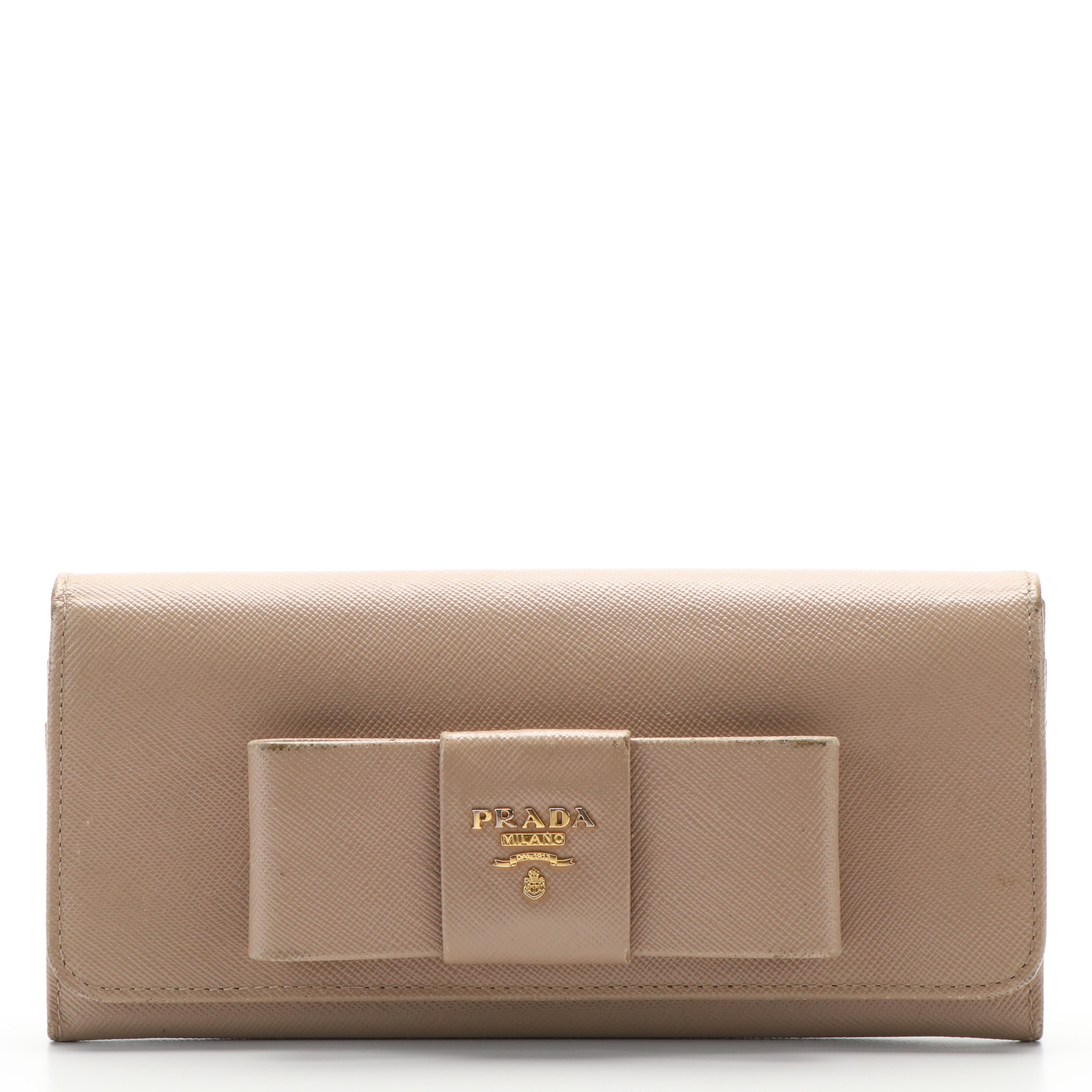 Prada Continental Bow Wallet in Beige Saffiano Leather