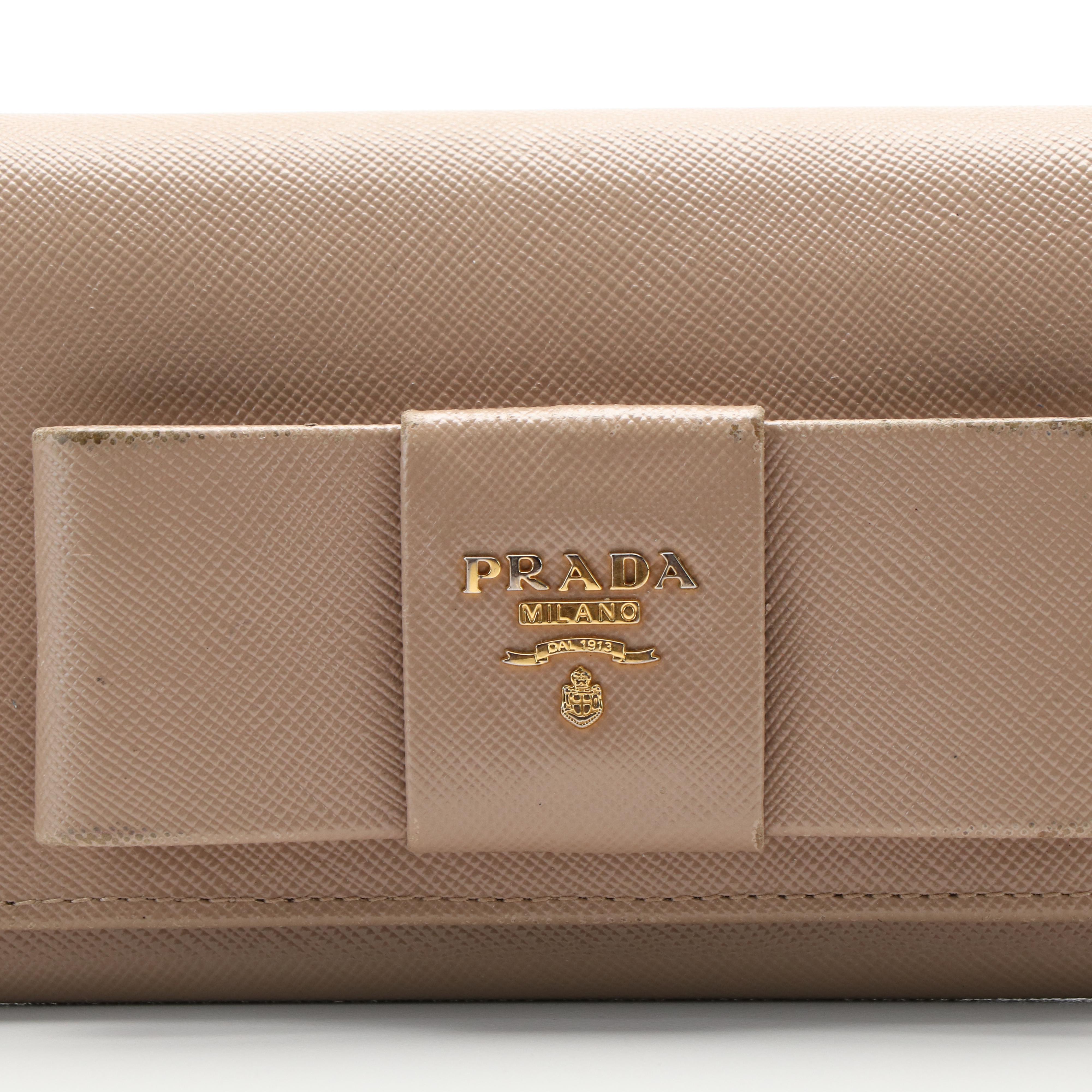 Prada Continental Bow Wallet in Beige Saffiano Leather