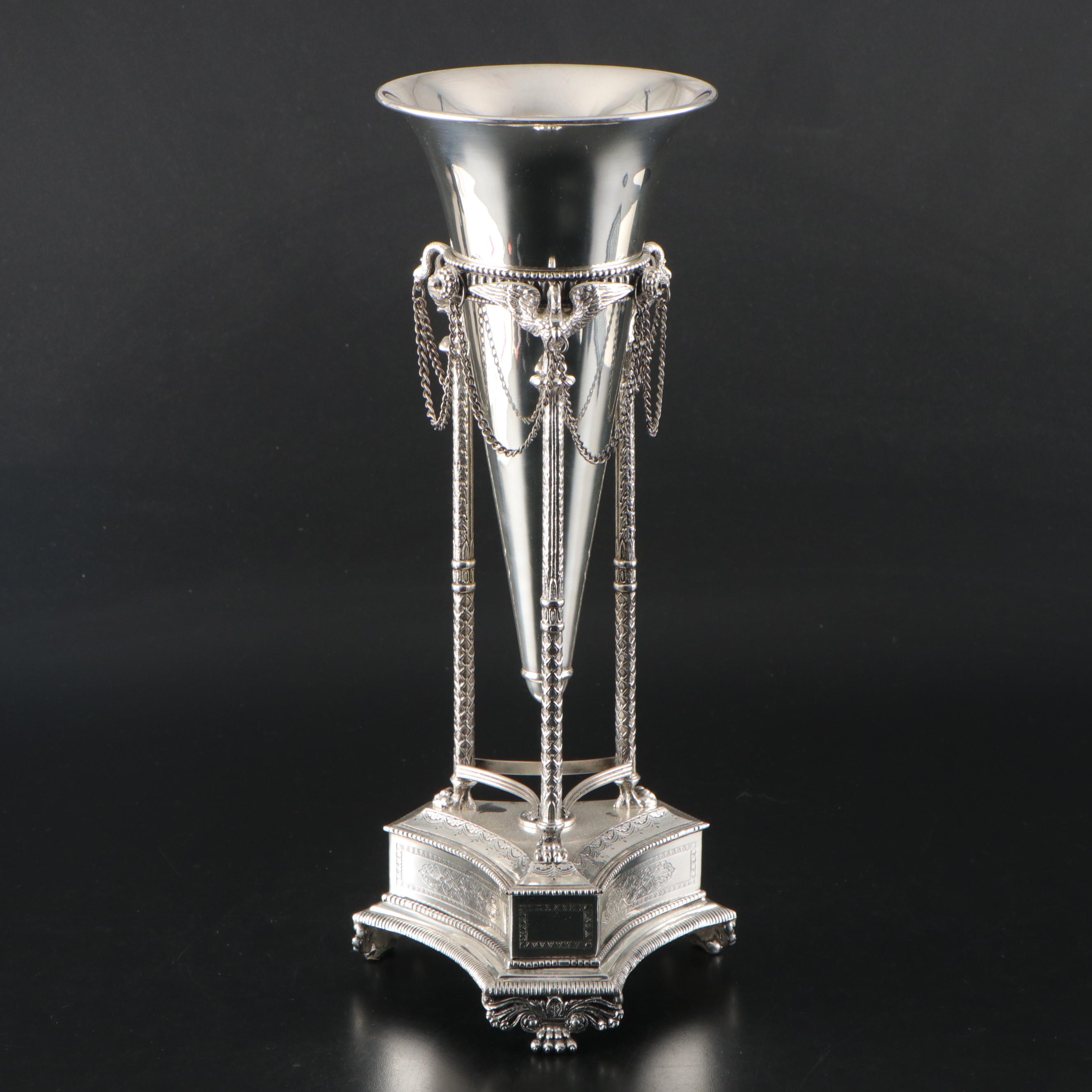 Neoclassical Style Silver Plate Trumpet Vase in Clawfoot Stand with Bird Motifs