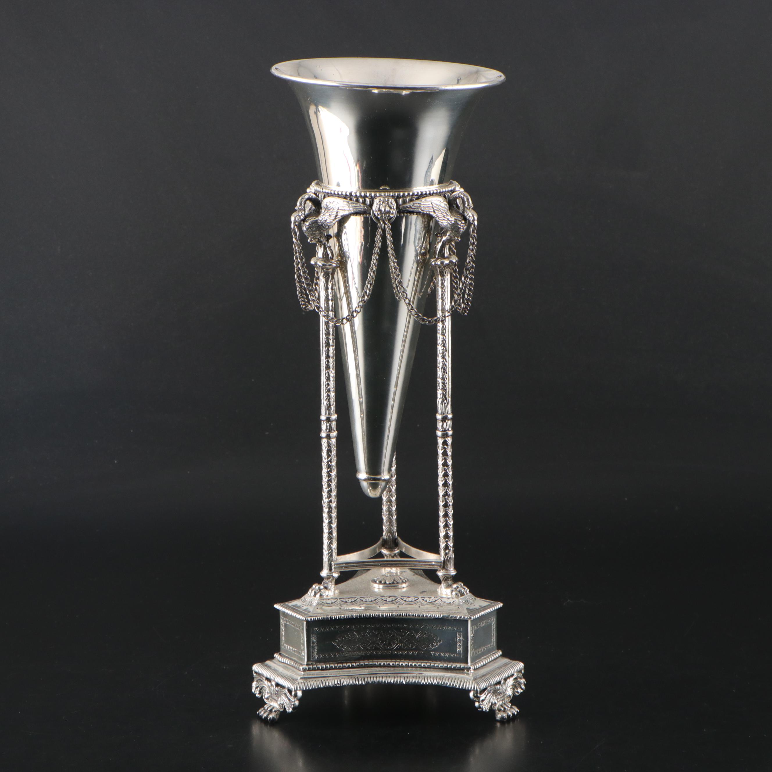 Neoclassical Style Silver Plate Trumpet Vase in Clawfoot Stand with Bird Motifs