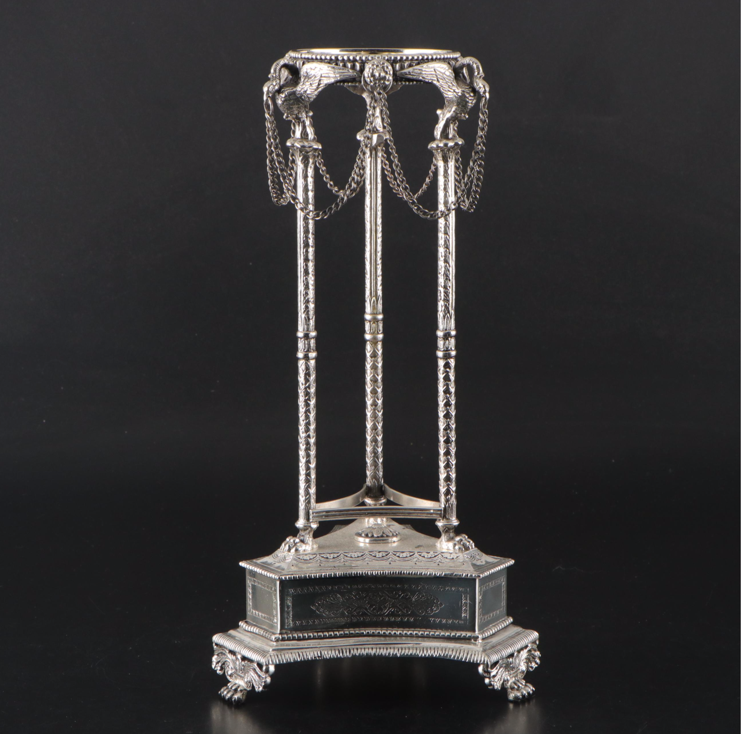 Neoclassical Style Silver Plate Trumpet Vase in Clawfoot Stand with Bird Motifs