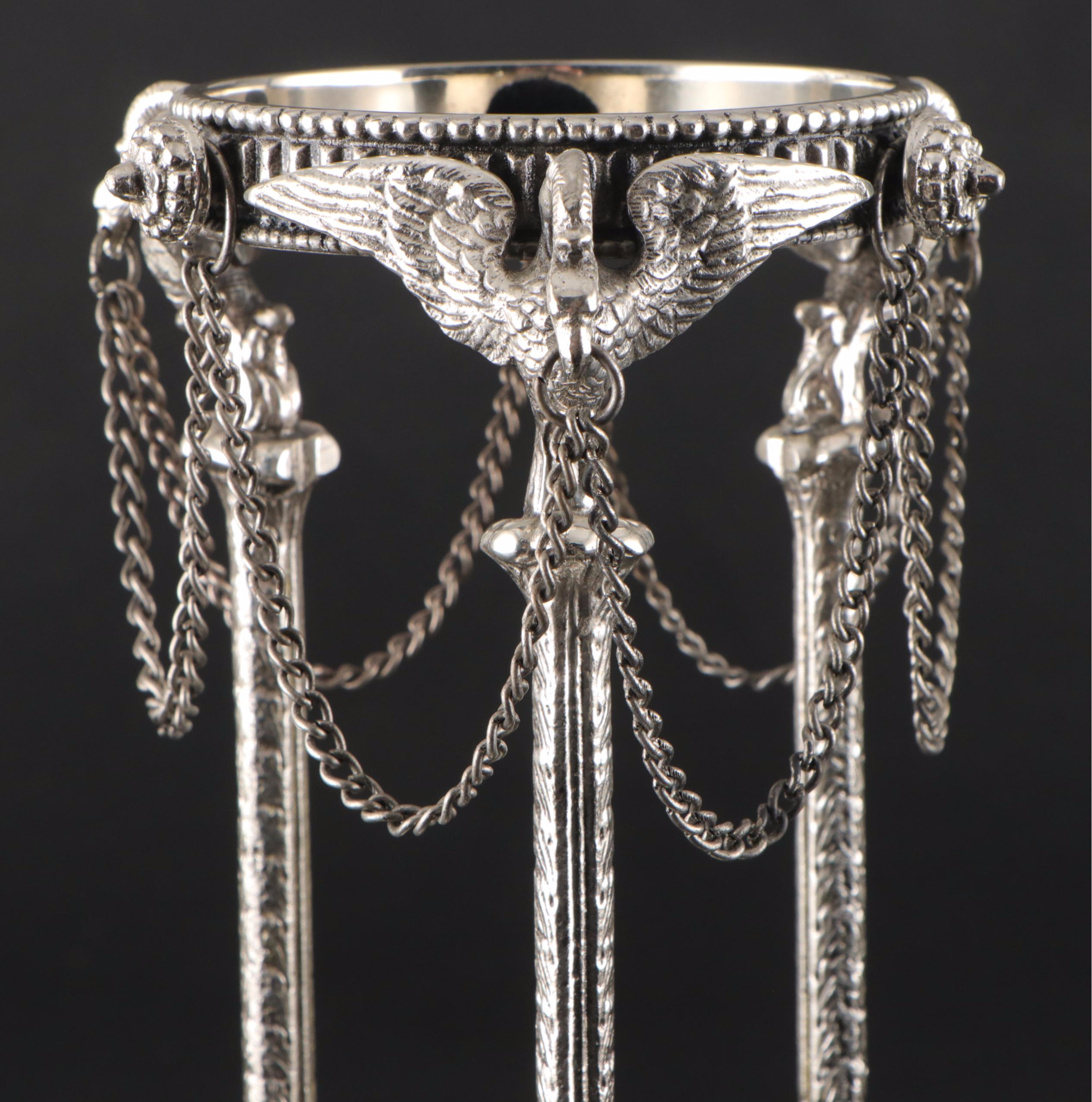 Neoclassical Style Silver Plate Trumpet Vase in Clawfoot Stand with Bird Motifs
