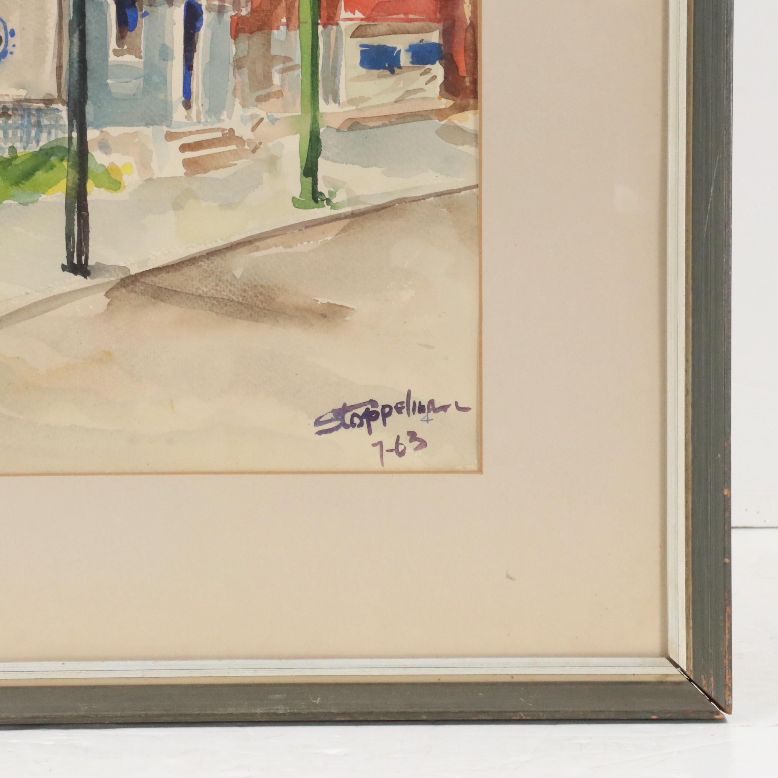 City Street Scene Watercolor Painting, 1963