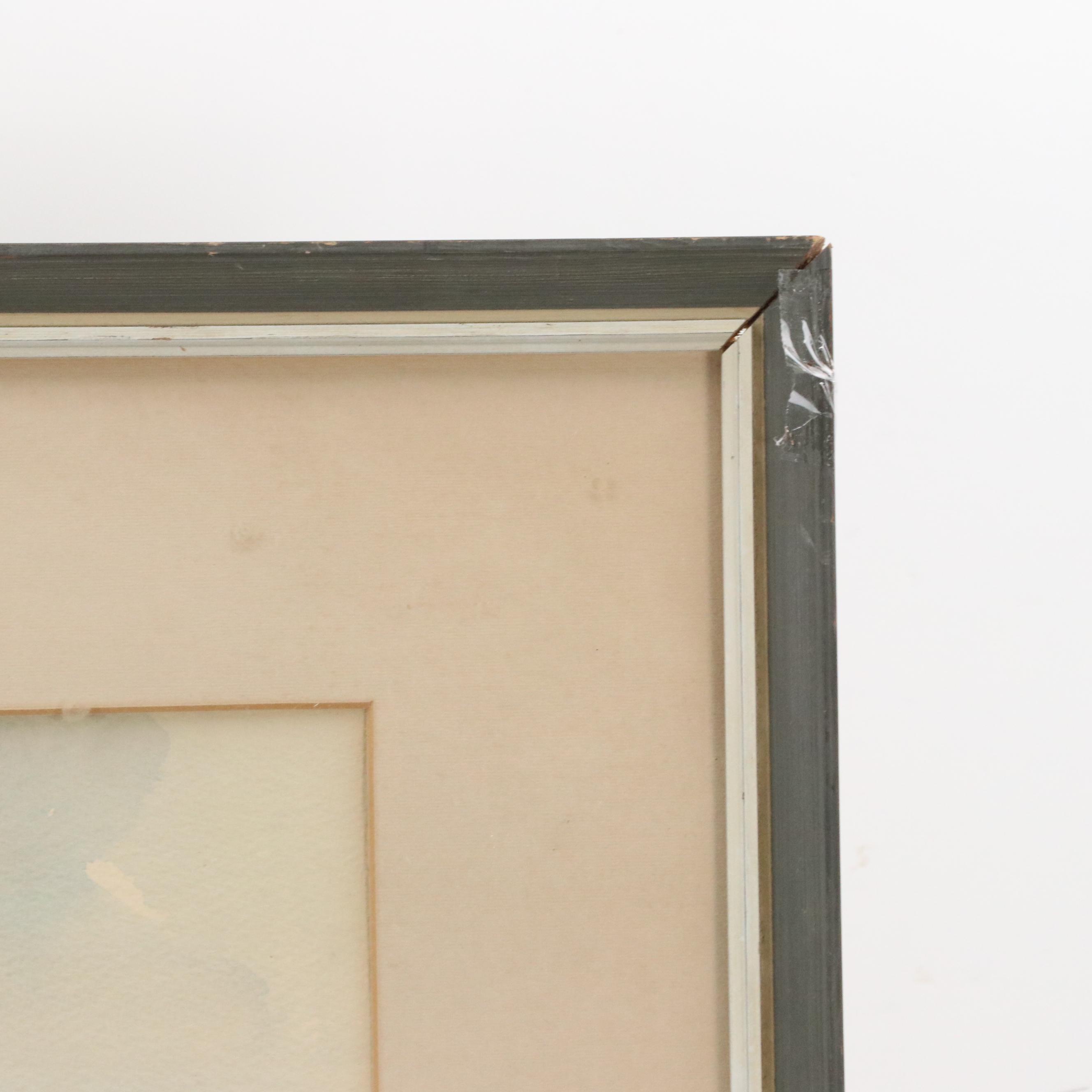 City Street Scene Watercolor Painting, 1963