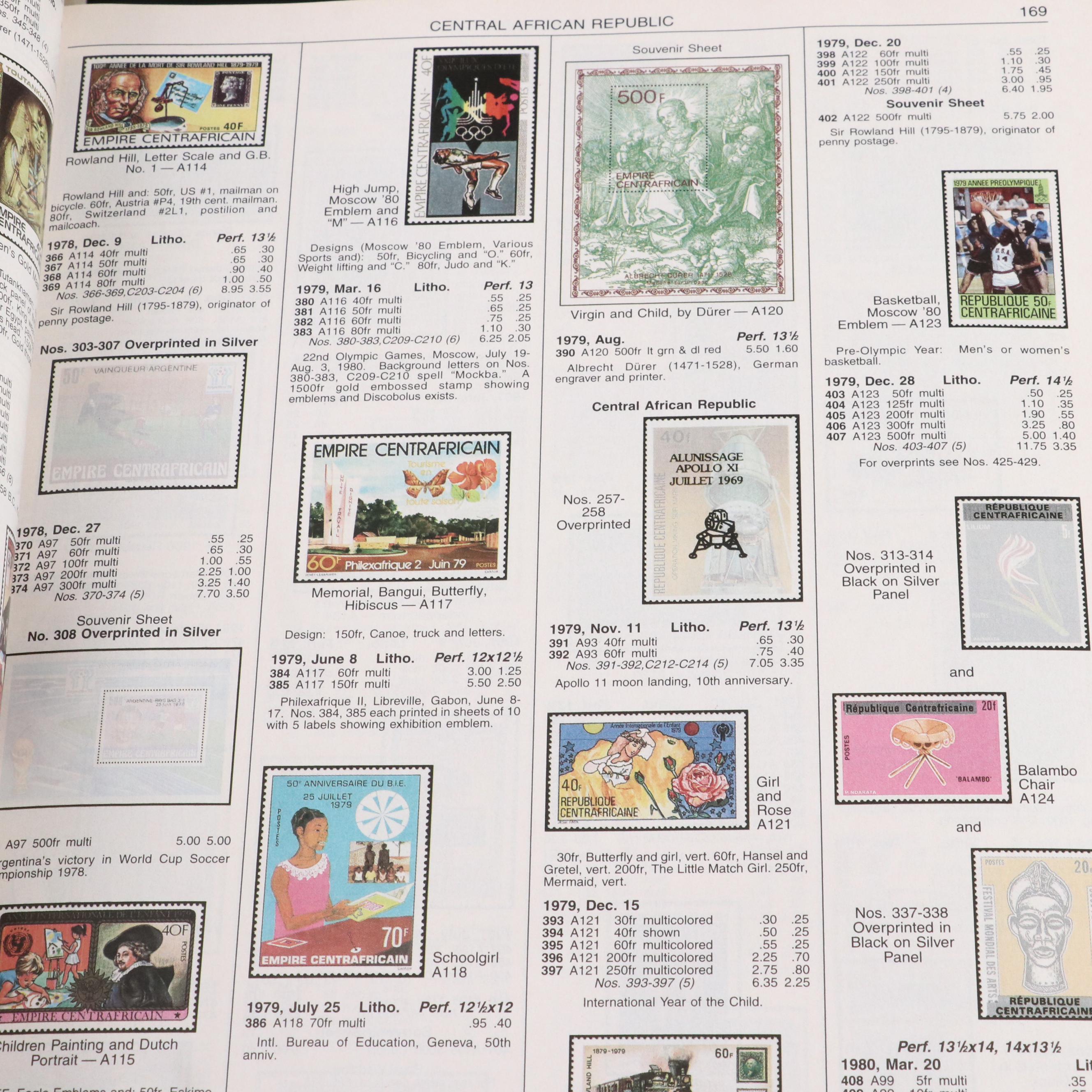 Assortment of World and U.S. Postage Stamps, Price Guide, and Binder