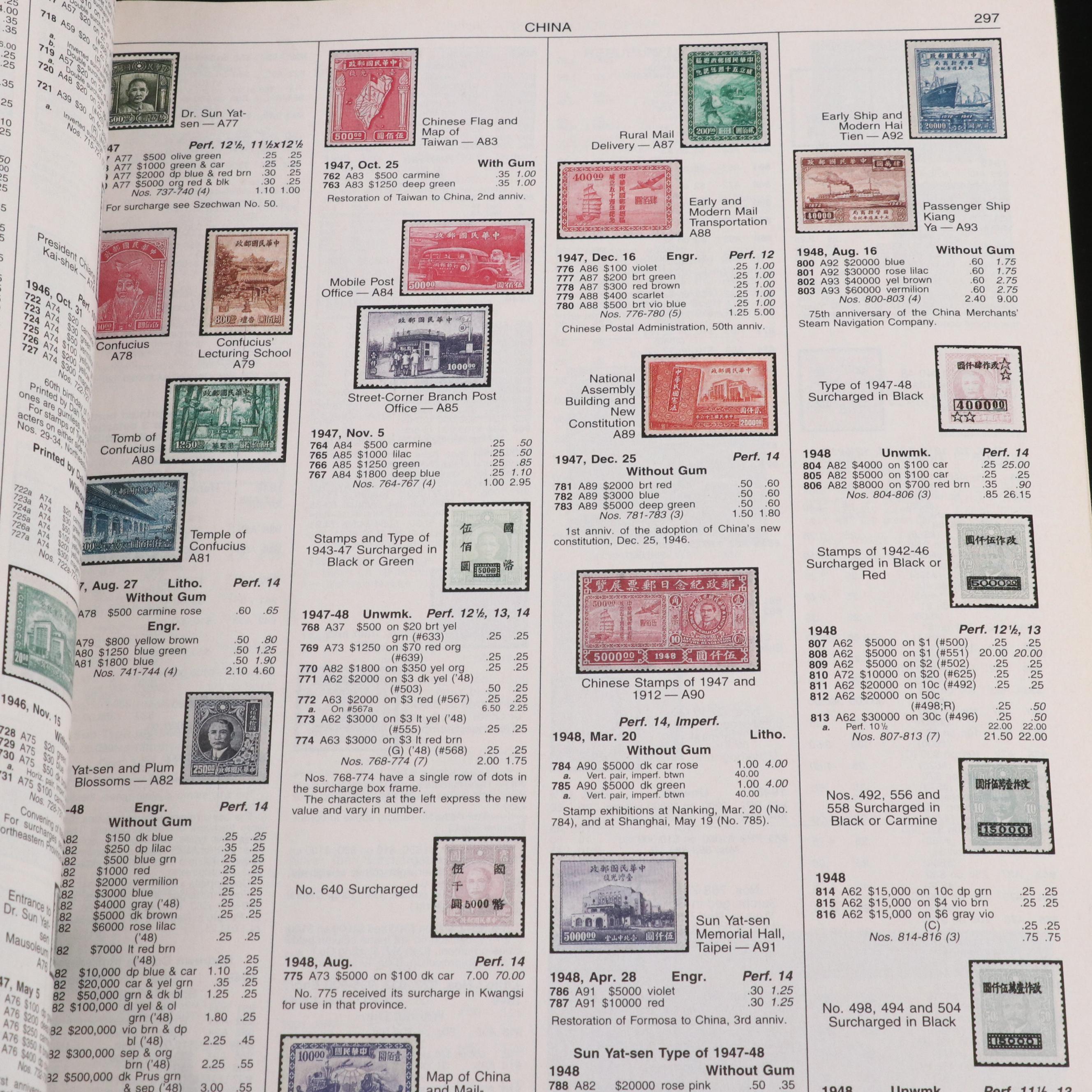 Assortment of World and U.S. Postage Stamps, Price Guide, and Binder