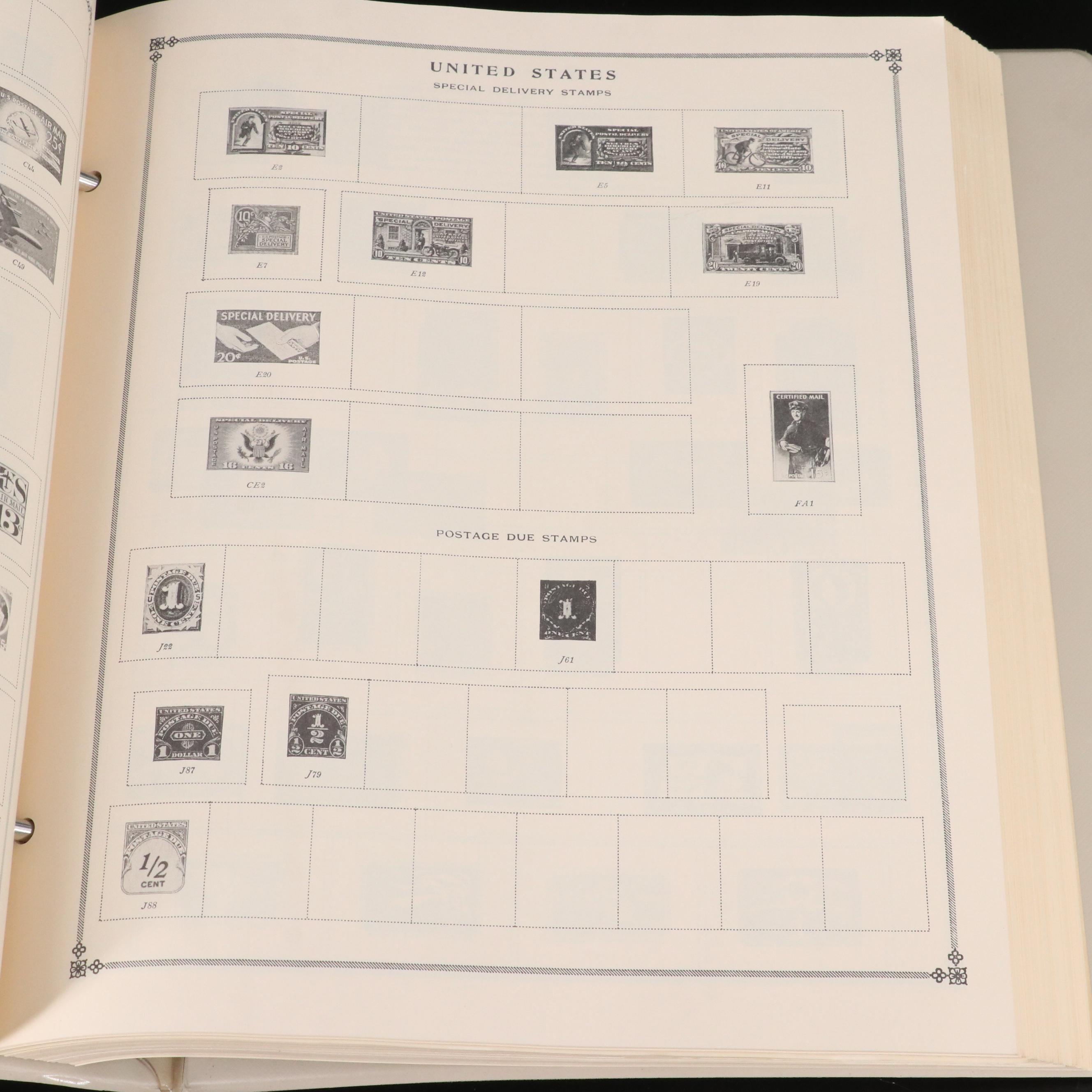 Assortment of World and U.S. Postage Stamps, Price Guide, and Binder