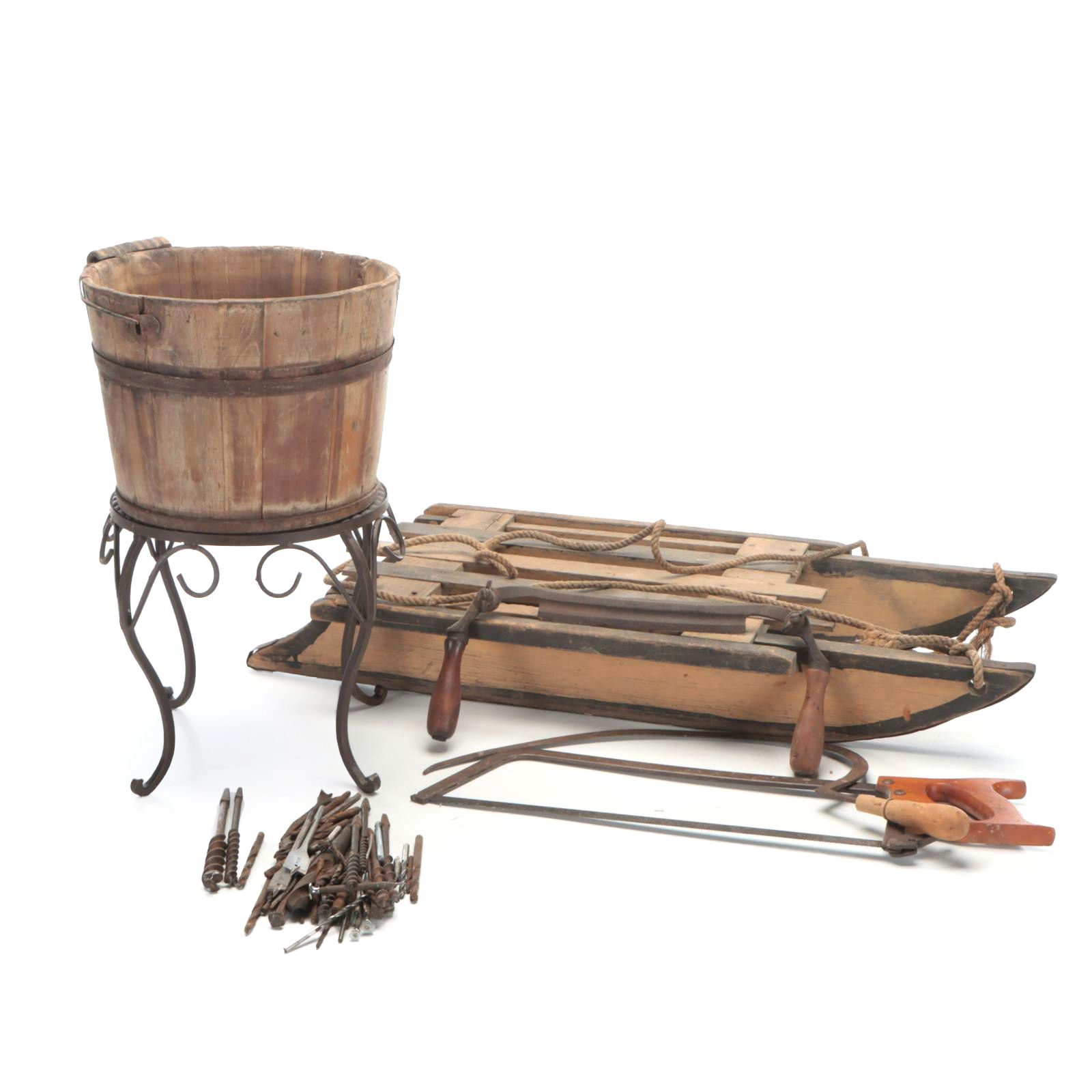 Children's Snow Sled With Wooden Stave Bucket, Wrought Iron Side Table, More