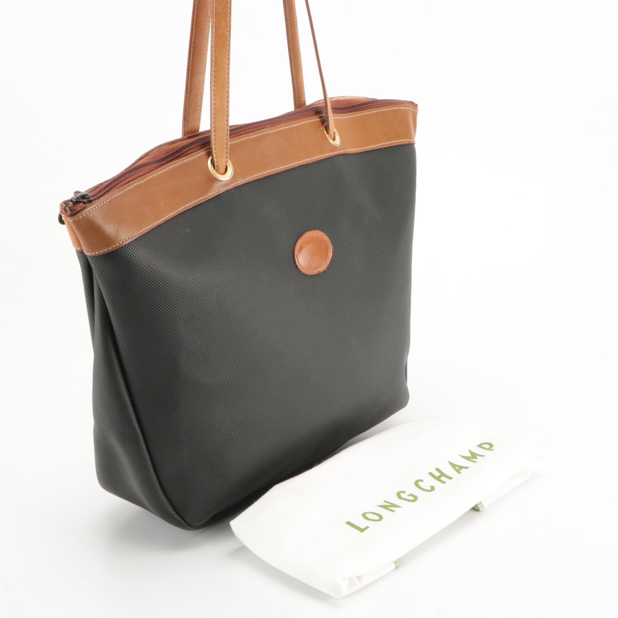 Longchamp Long Handle Zipper Tote in Coated Canvas and Leather