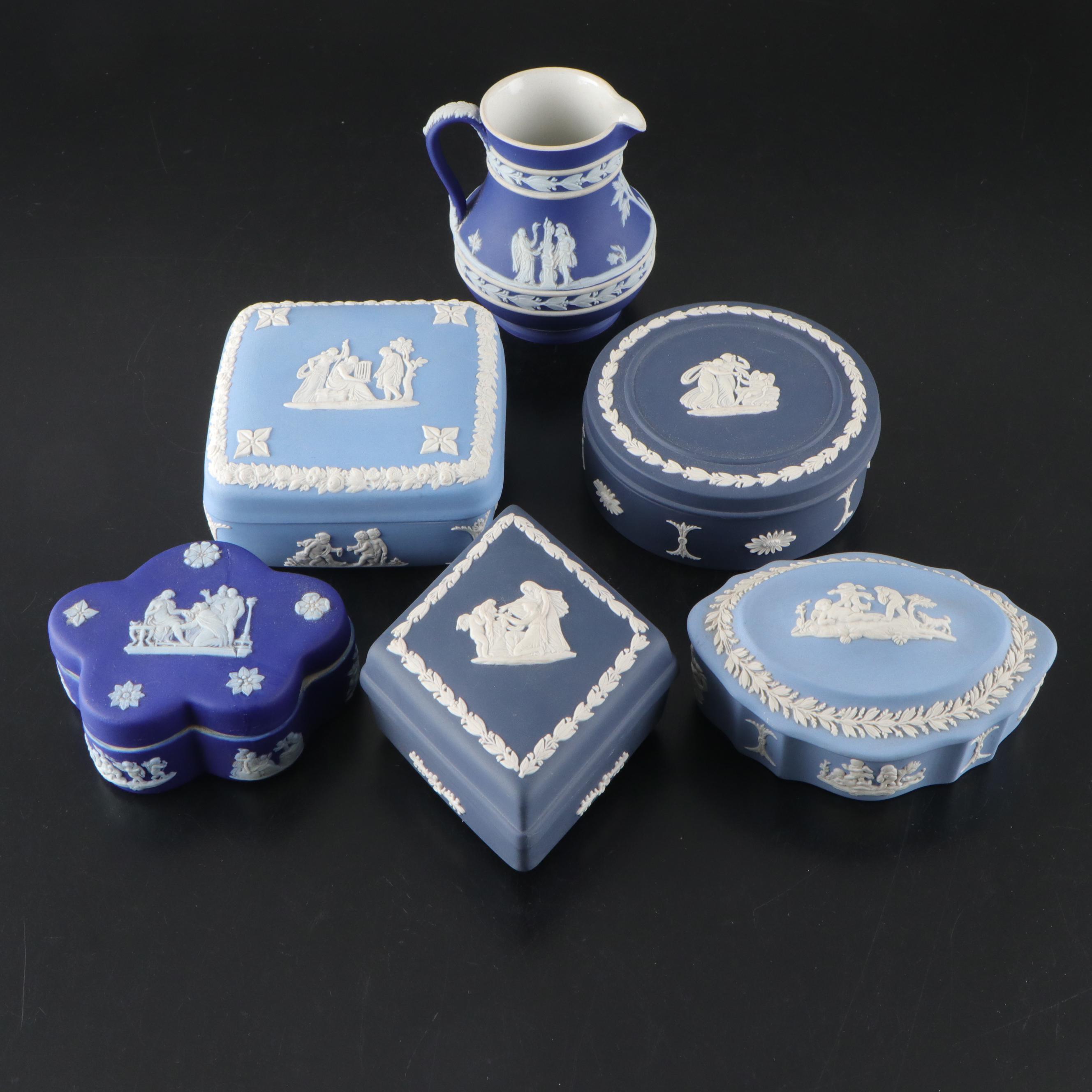 Wedgwood Jasperware Etruscan Jug and Boxes, 20th Century