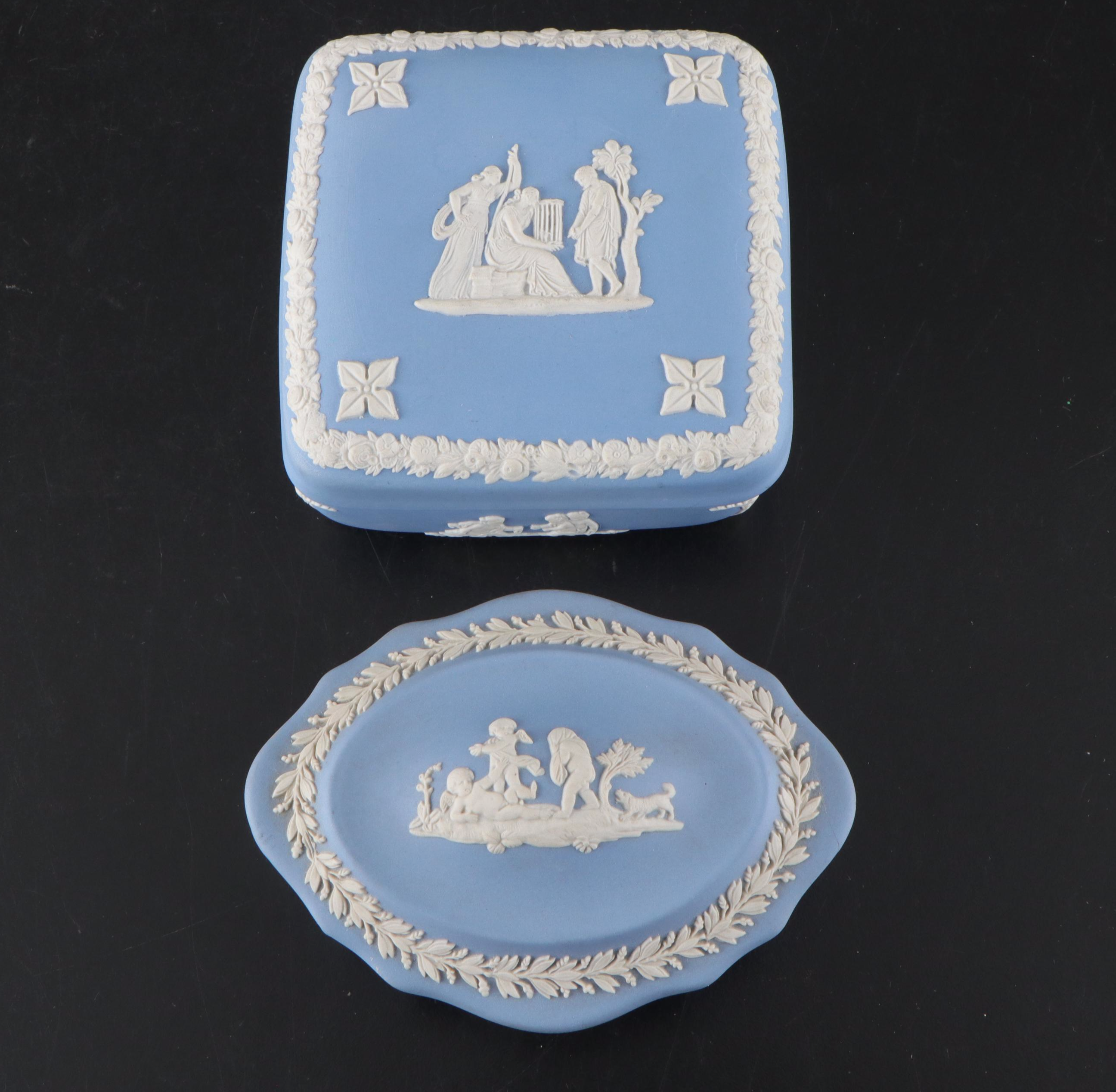 Wedgwood Jasperware Etruscan Jug and Boxes, 20th Century