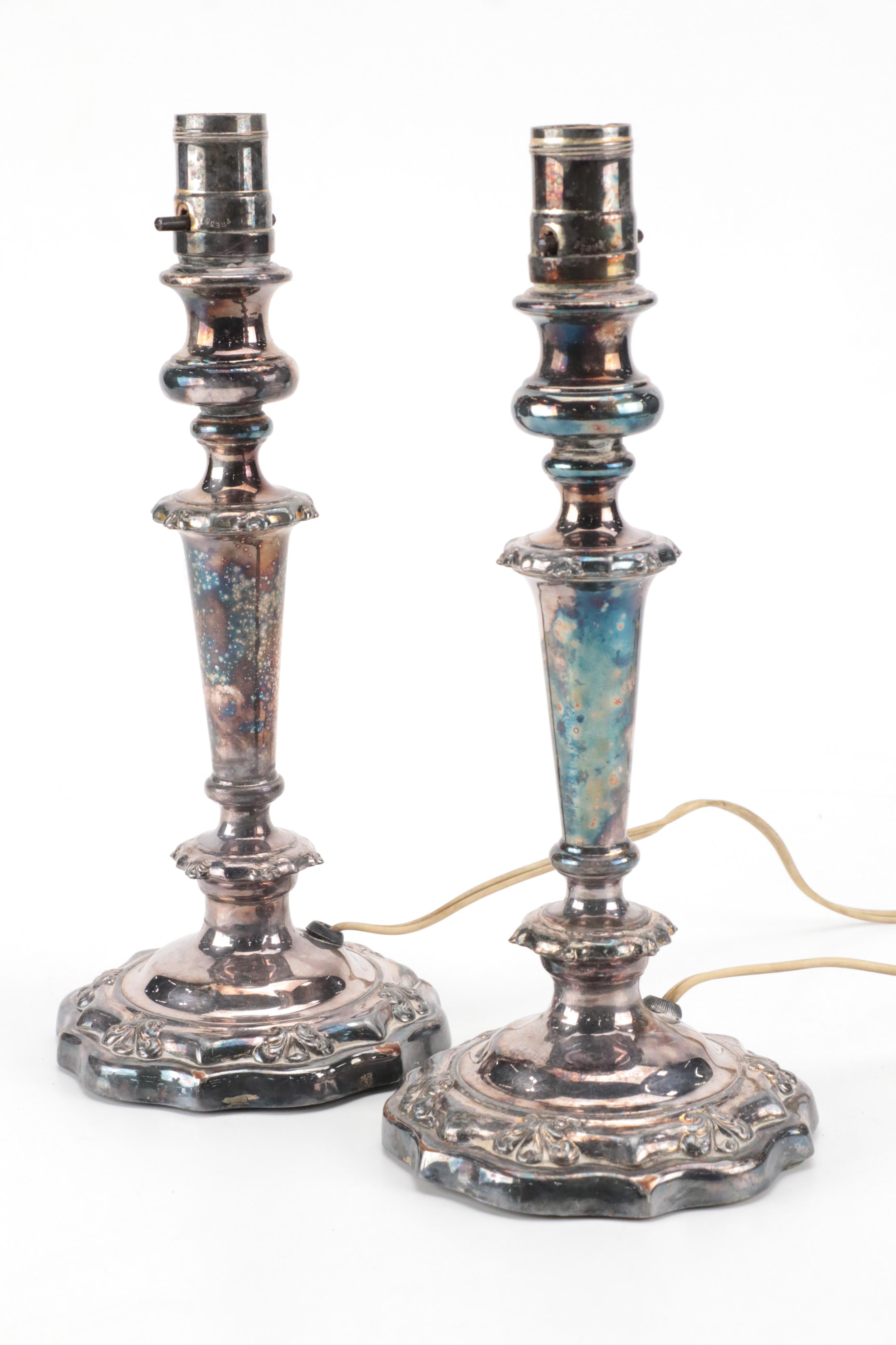 Pair of Silver Plate  Candlestick Table Lamps