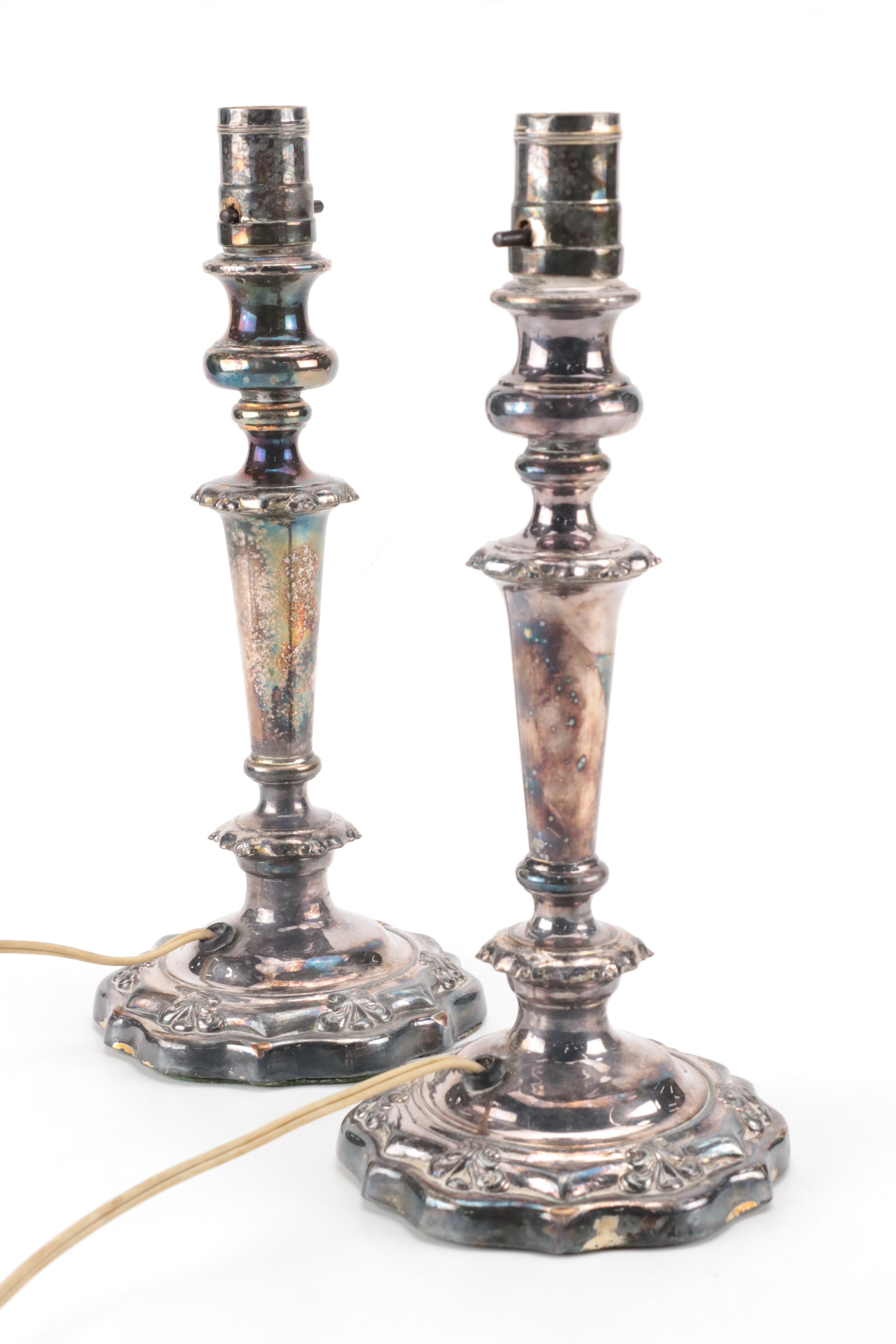 Pair of Silver Plate  Candlestick Table Lamps