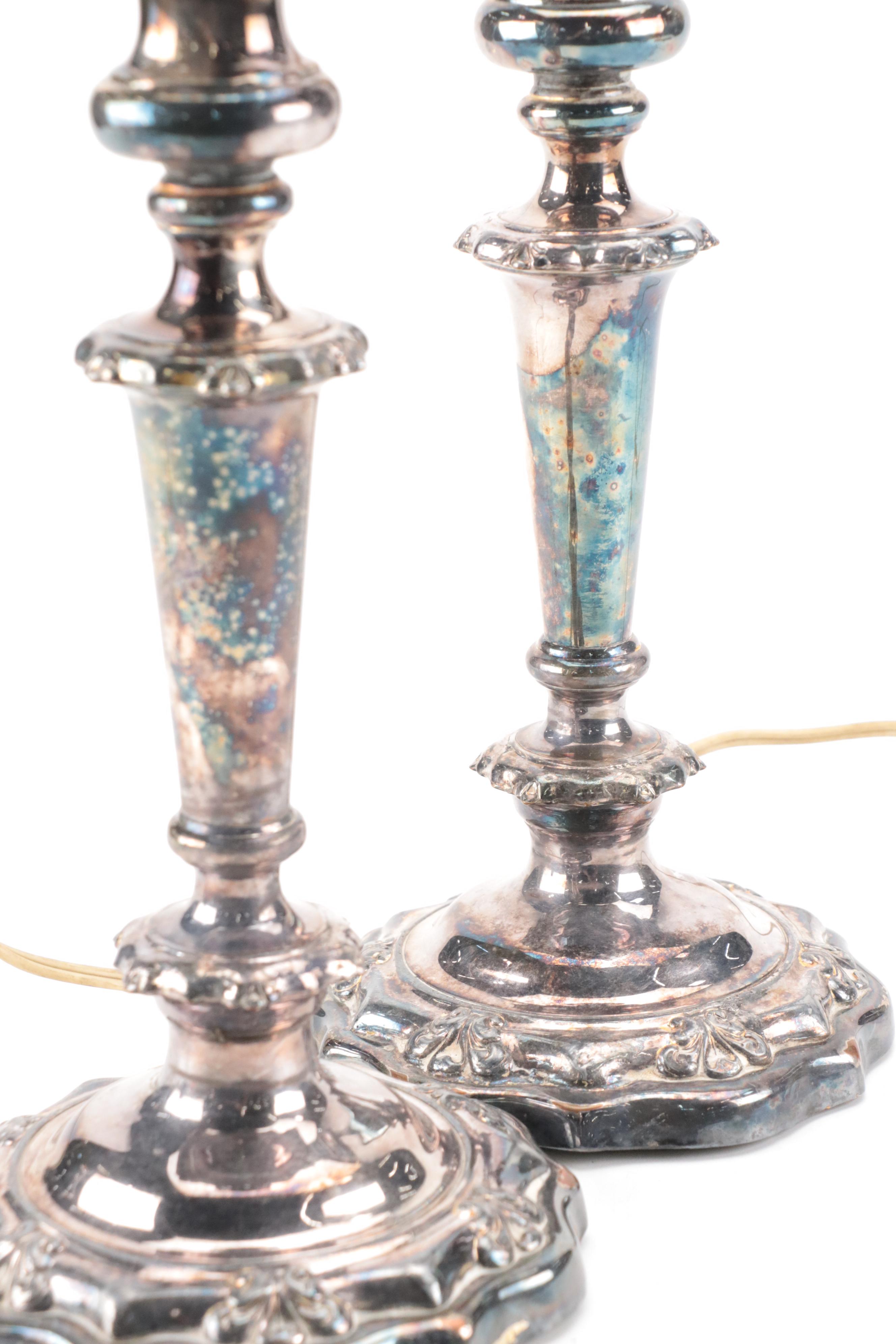 Pair of Silver Plate  Candlestick Table Lamps