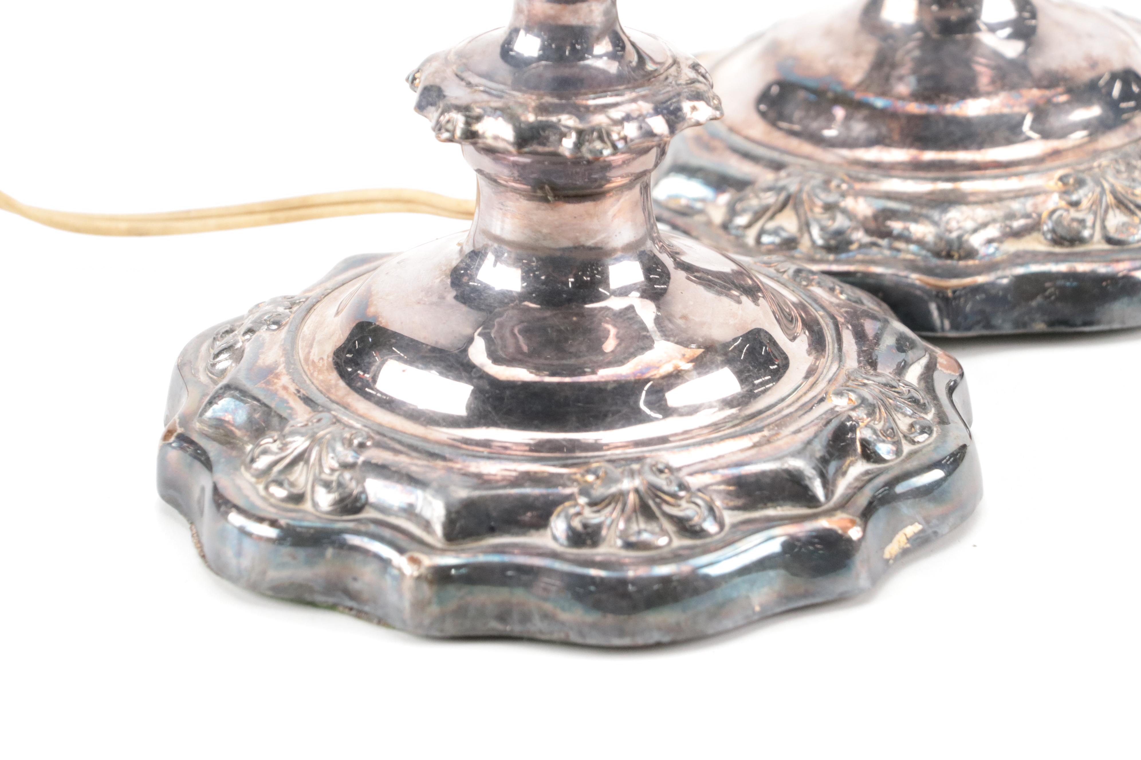 Pair of Silver Plate  Candlestick Table Lamps