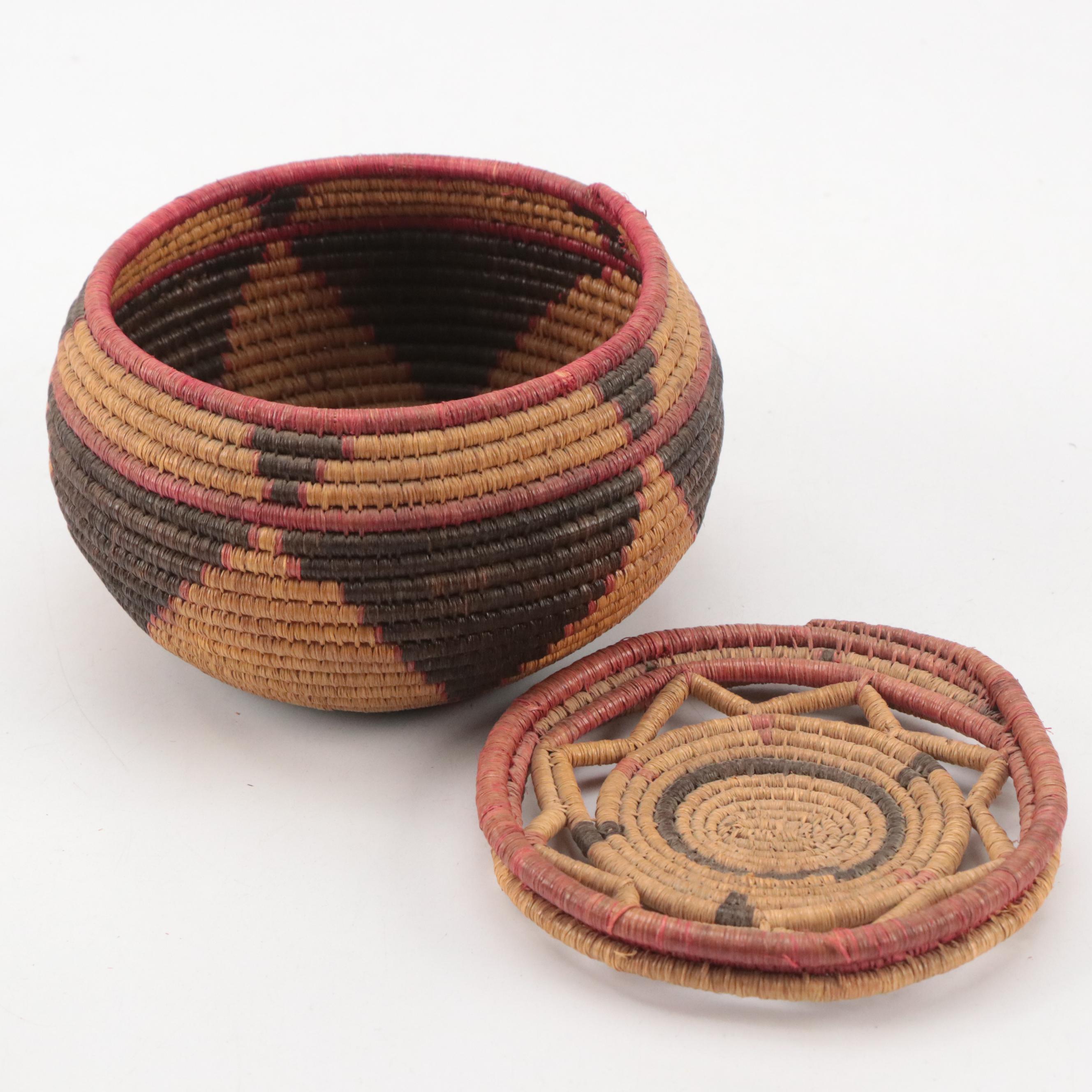 Native American Folk Art Style Pine Needle Coil Woven Baskets