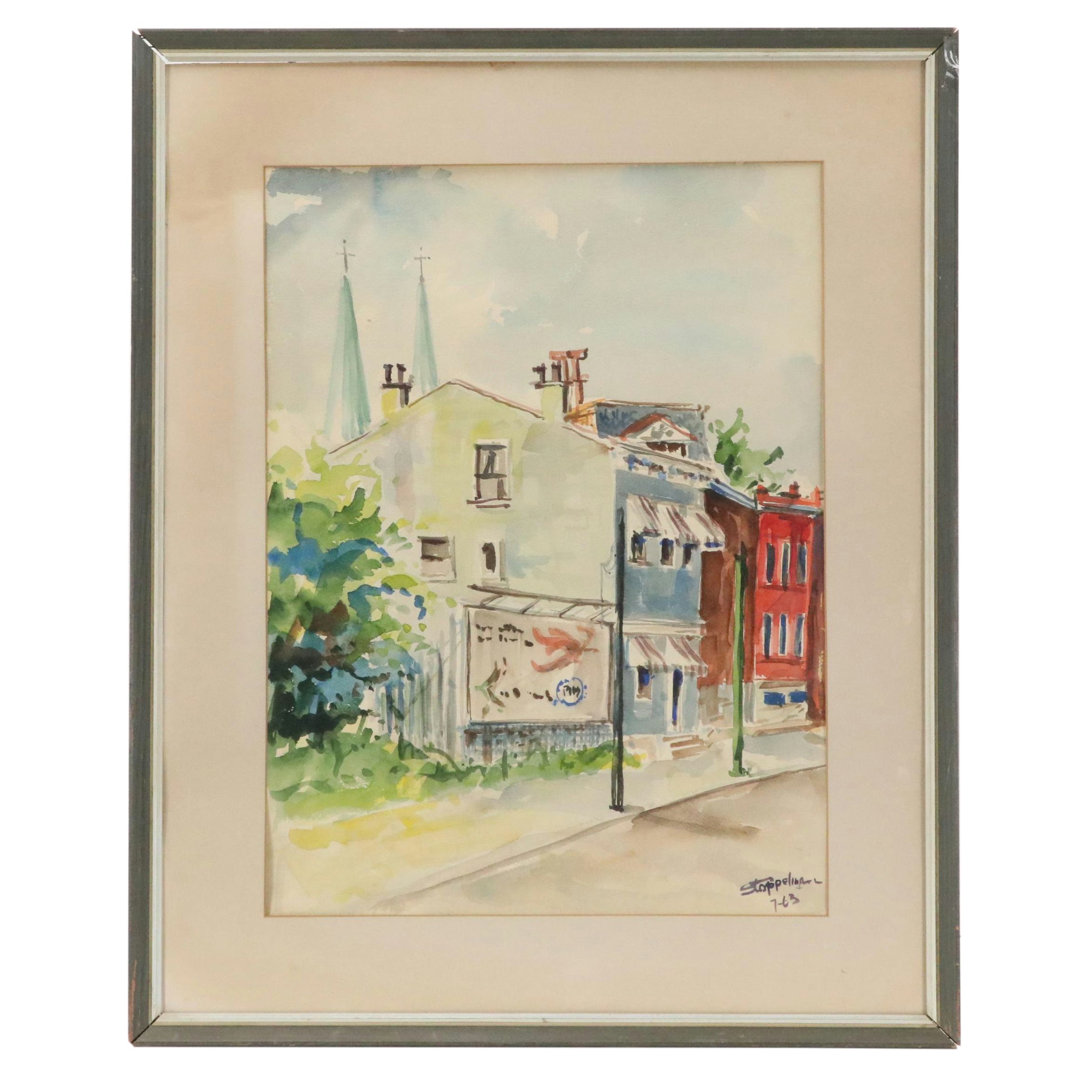 City Street Scene Watercolor Painting, 1963