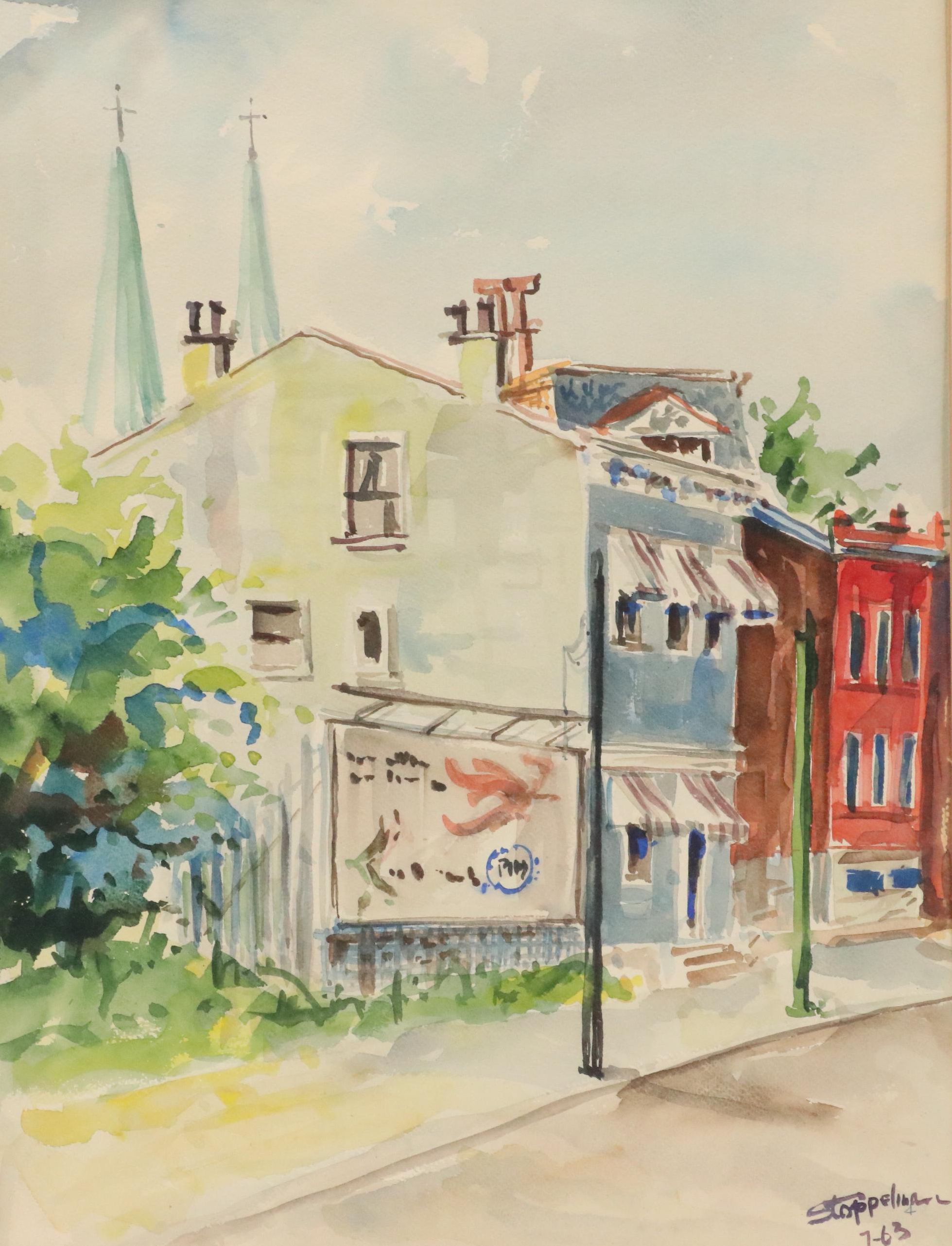 City Street Scene Watercolor Painting, 1963