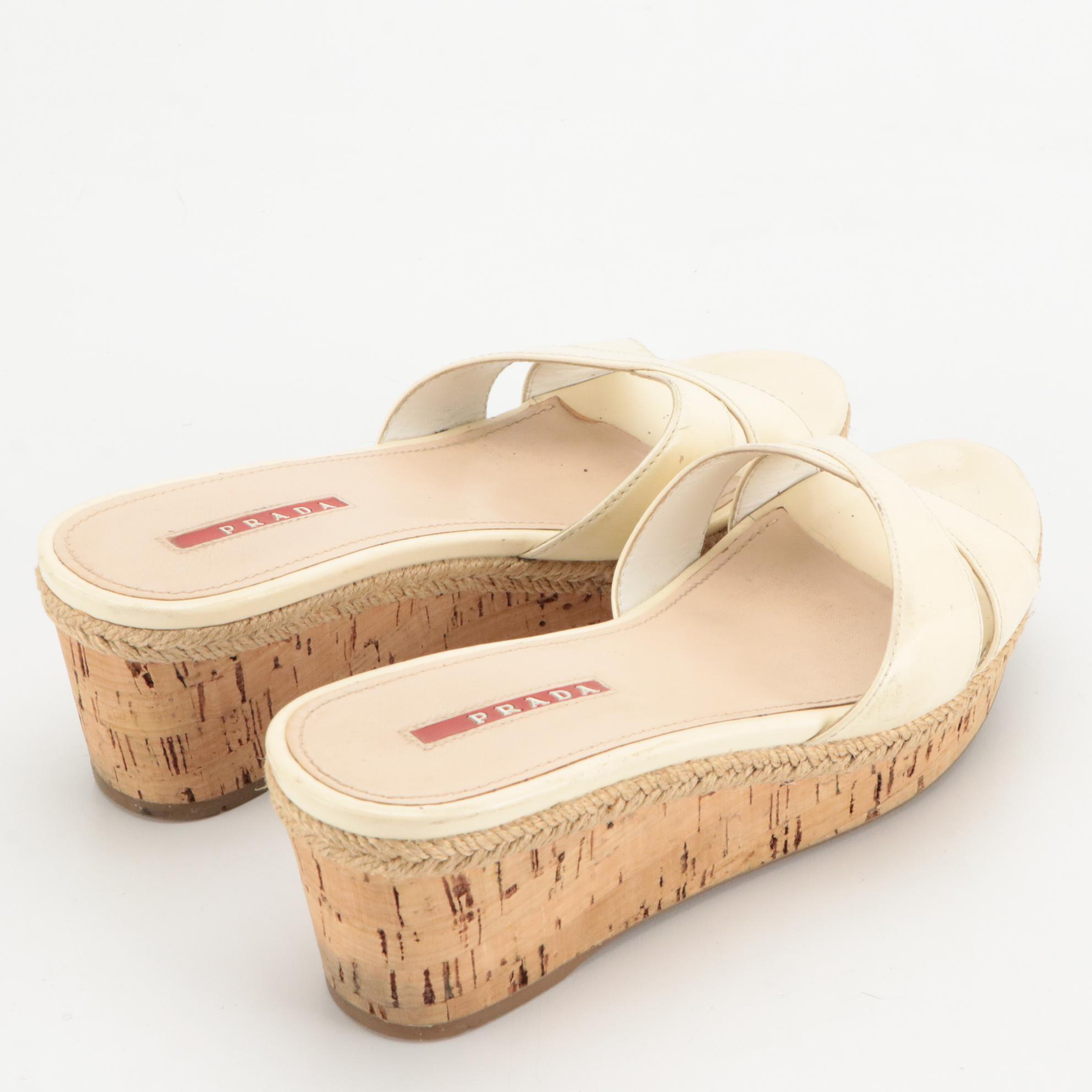 Prada Cream Patent Leather Cross Strap Platform Wedge Sandals