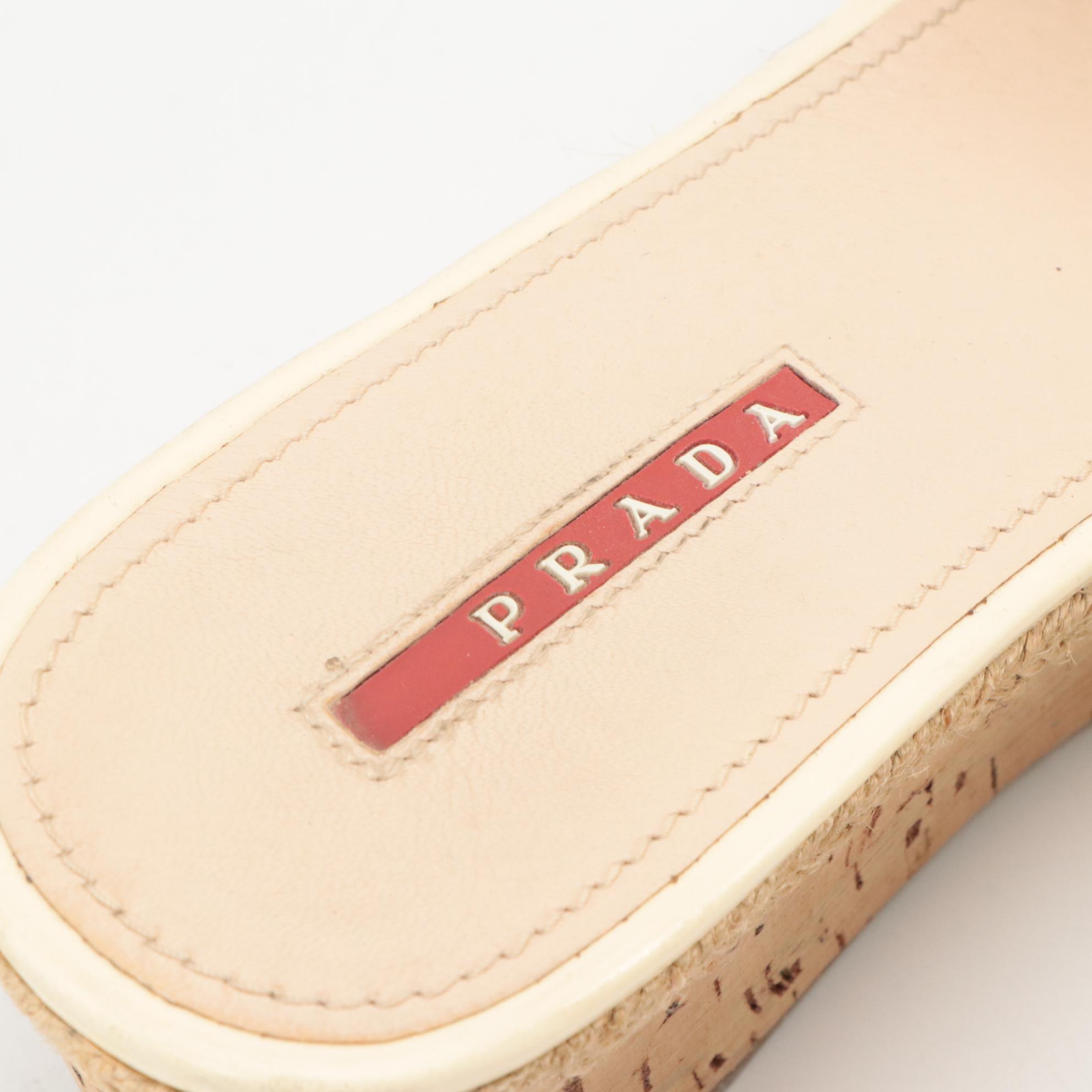 Prada Cream Patent Leather Cross Strap Platform Wedge Sandals