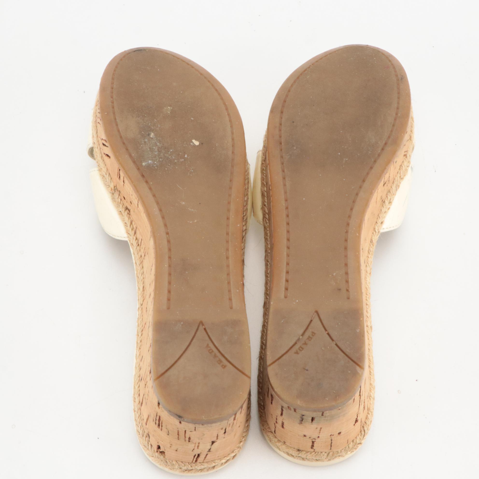 Prada Cream Patent Leather Cross Strap Platform Wedge Sandals