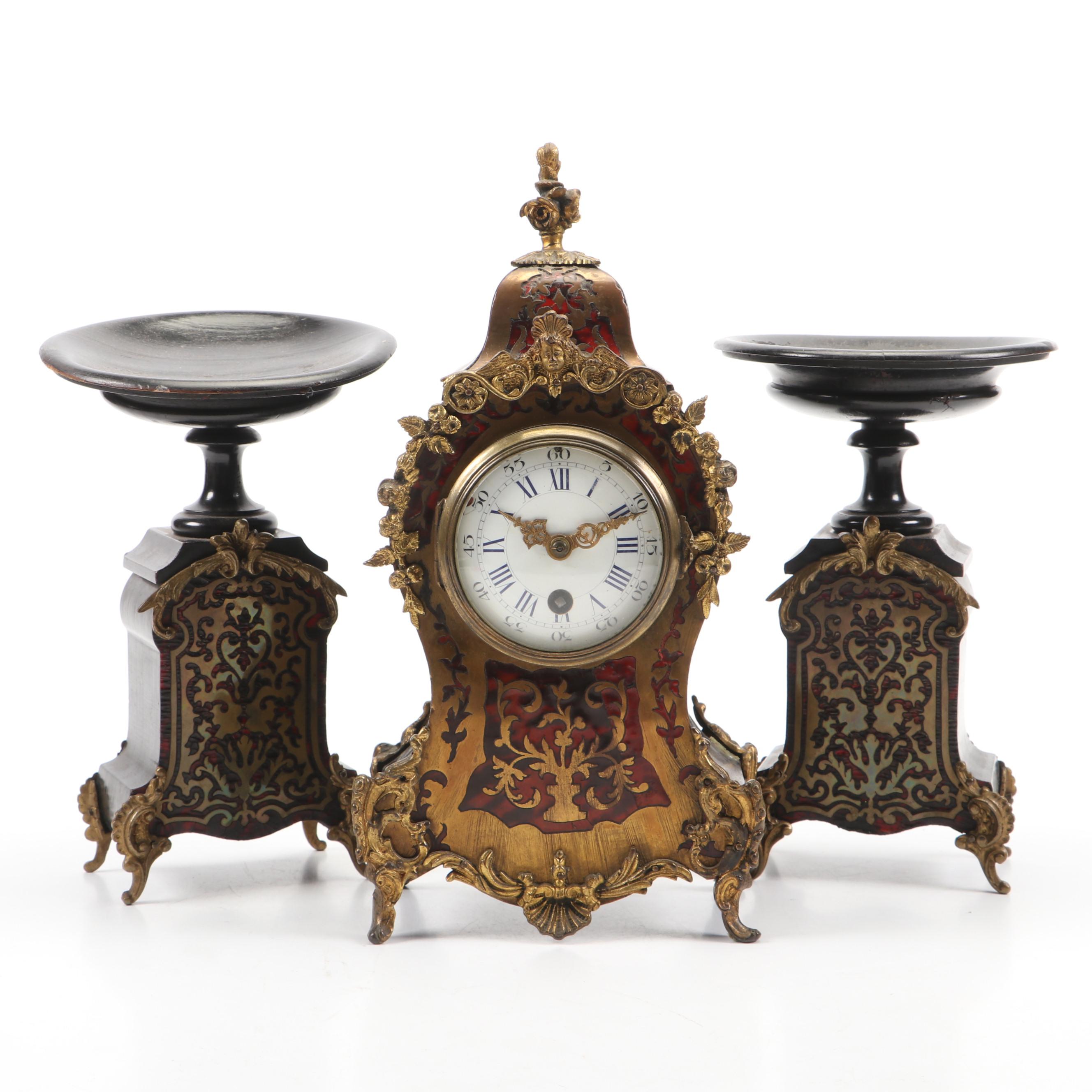 French Boulle Style Ormolu Mantle Clock and Candle Holders