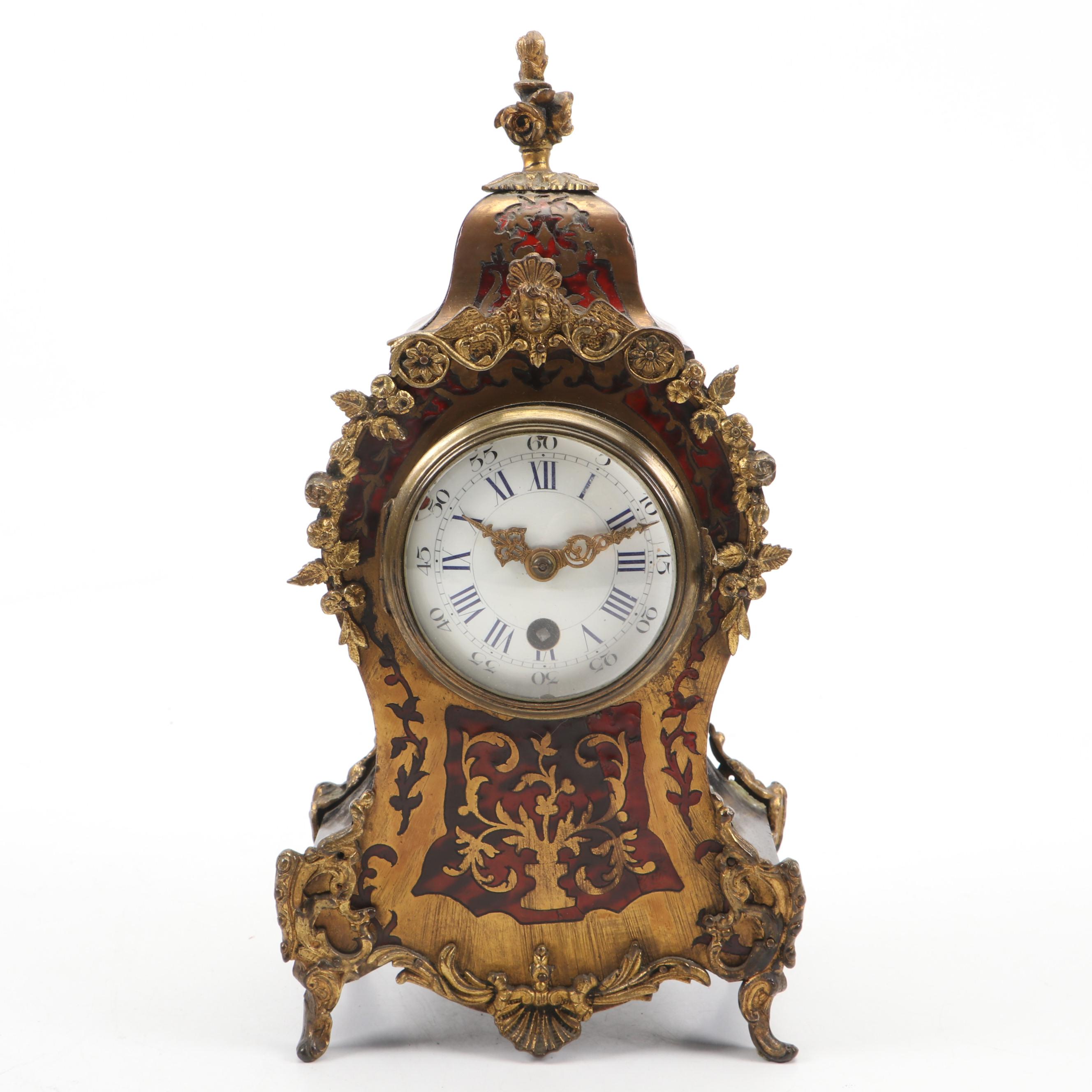 French Boulle Style Ormolu Mantle Clock and Candle Holders
