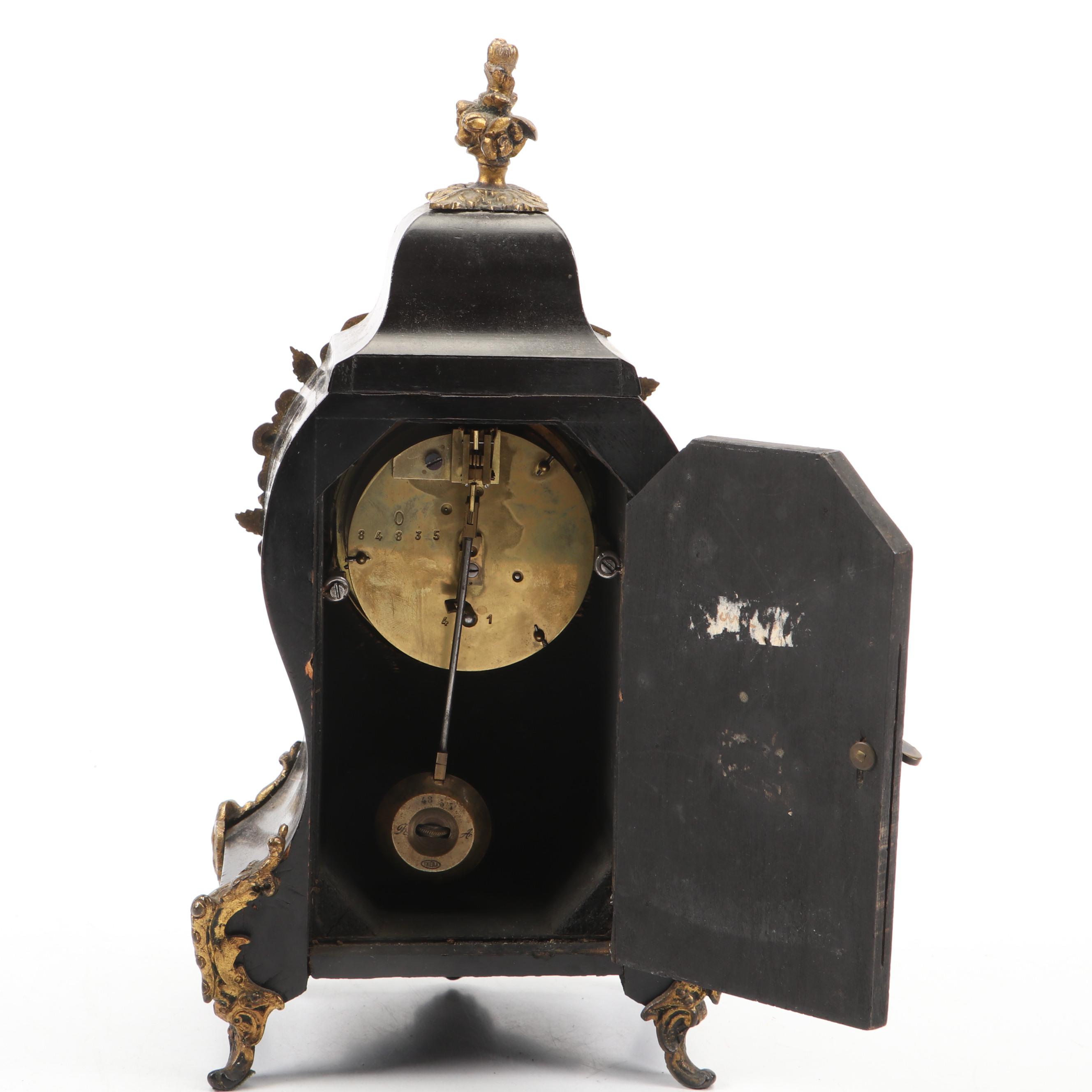 French Boulle Style Ormolu Mantle Clock and Candle Holders