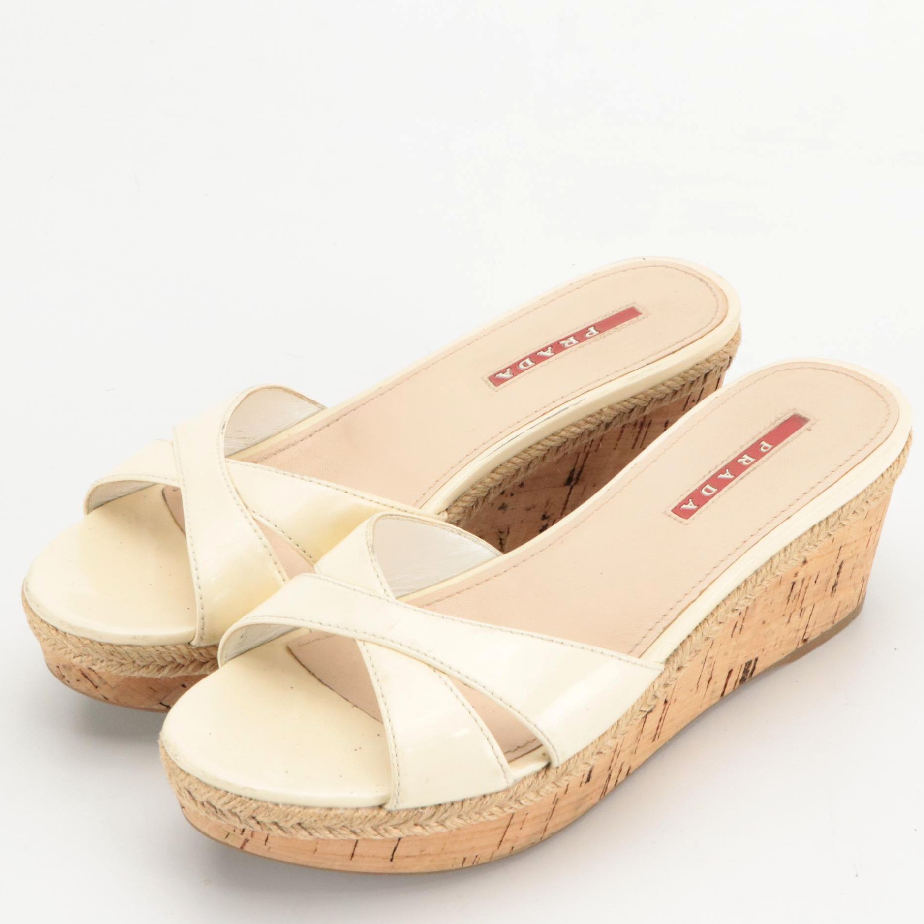 Prada Cream Patent Leather Cross Strap Platform Wedge Sandals