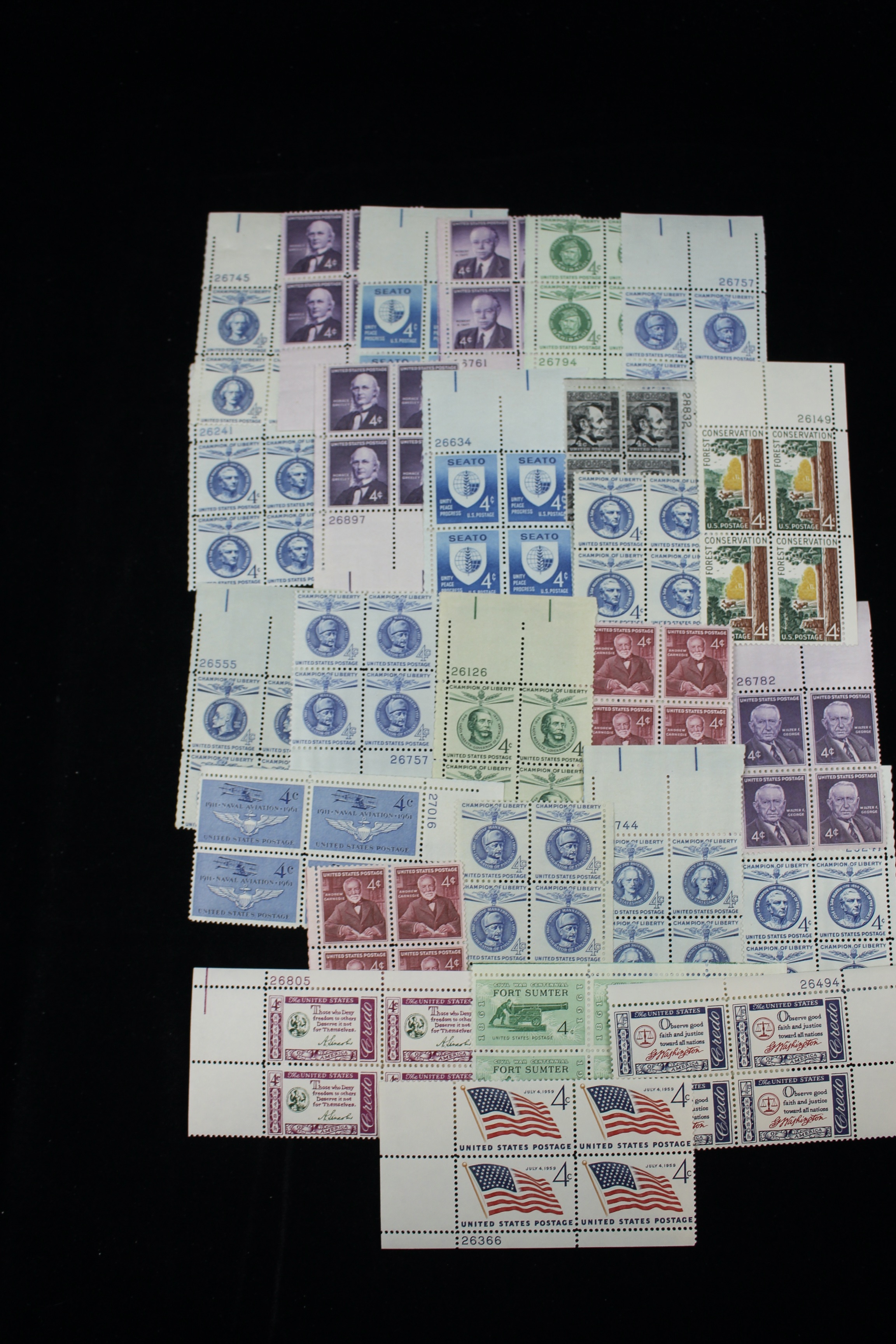 550 U.S. 4-Cent Postage Stamp Plate Blocks, 1950s to 1960s