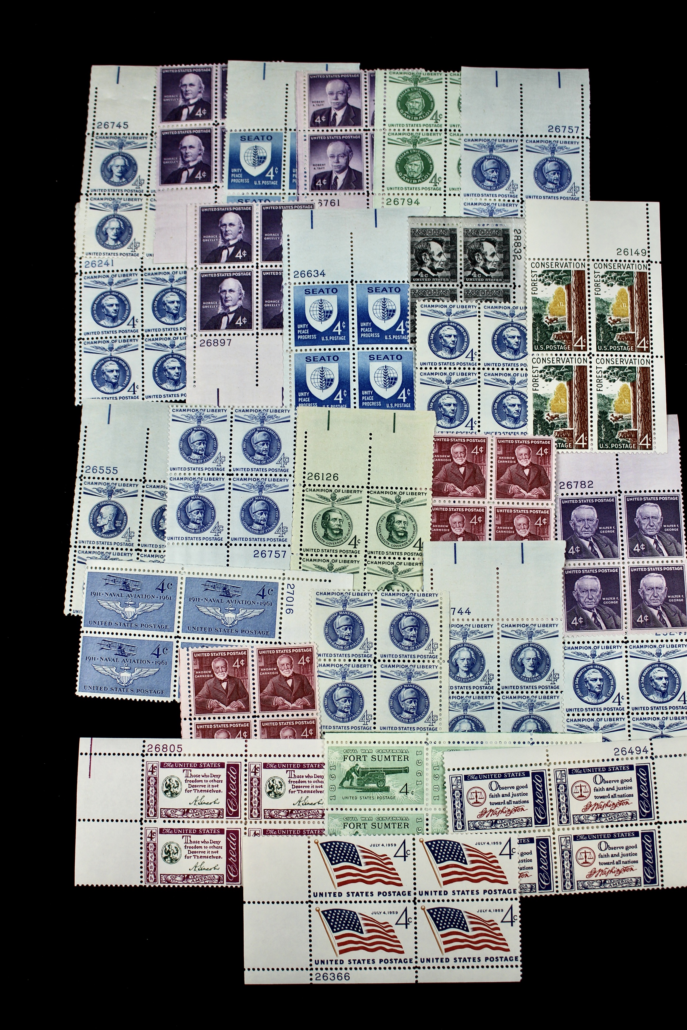 550 U.S. 4-Cent Postage Stamp Plate Blocks, 1950s to 1960s