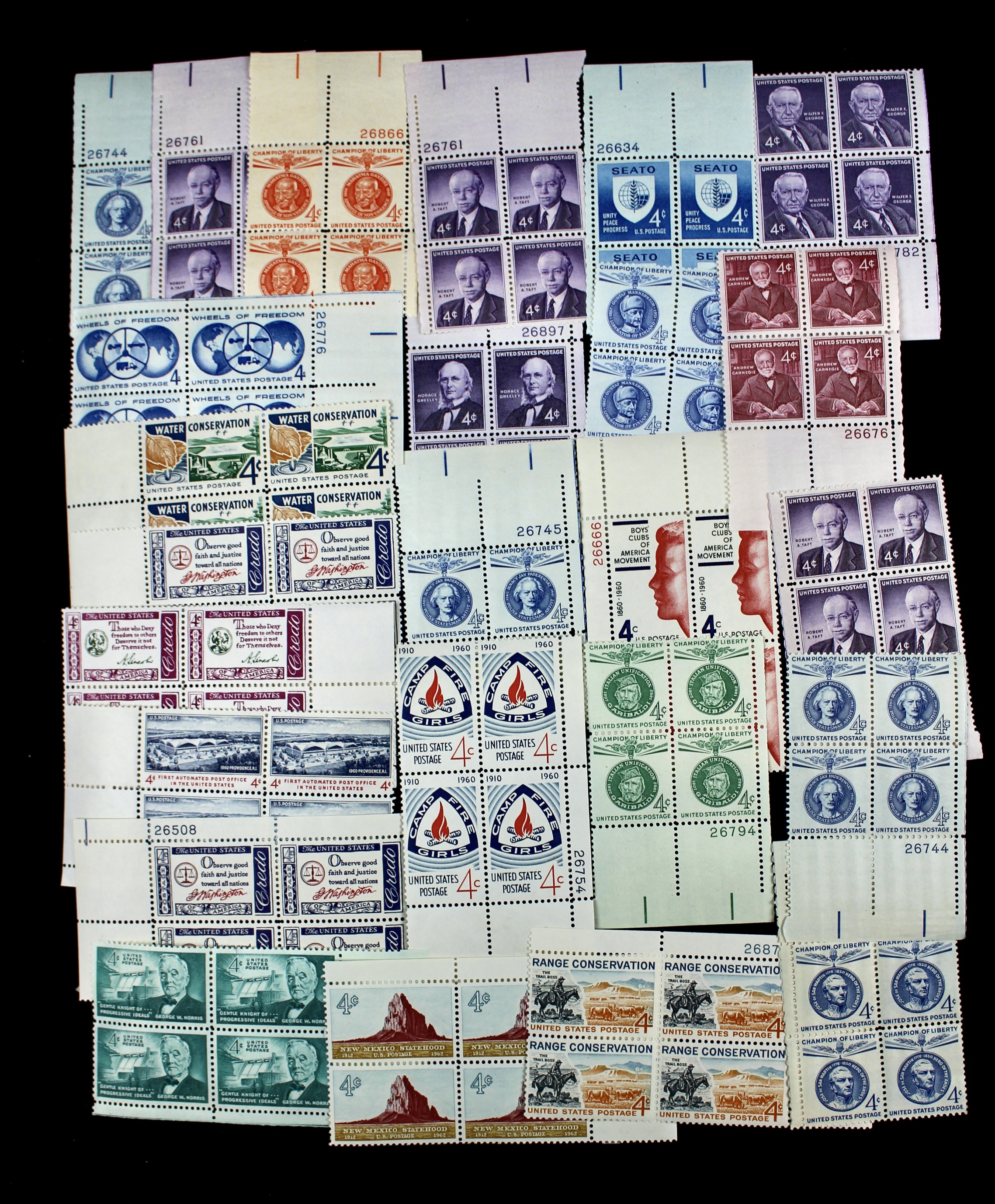 550 U.S. 4-Cent Postage Stamp Plate Blocks, 1950s to 1960s