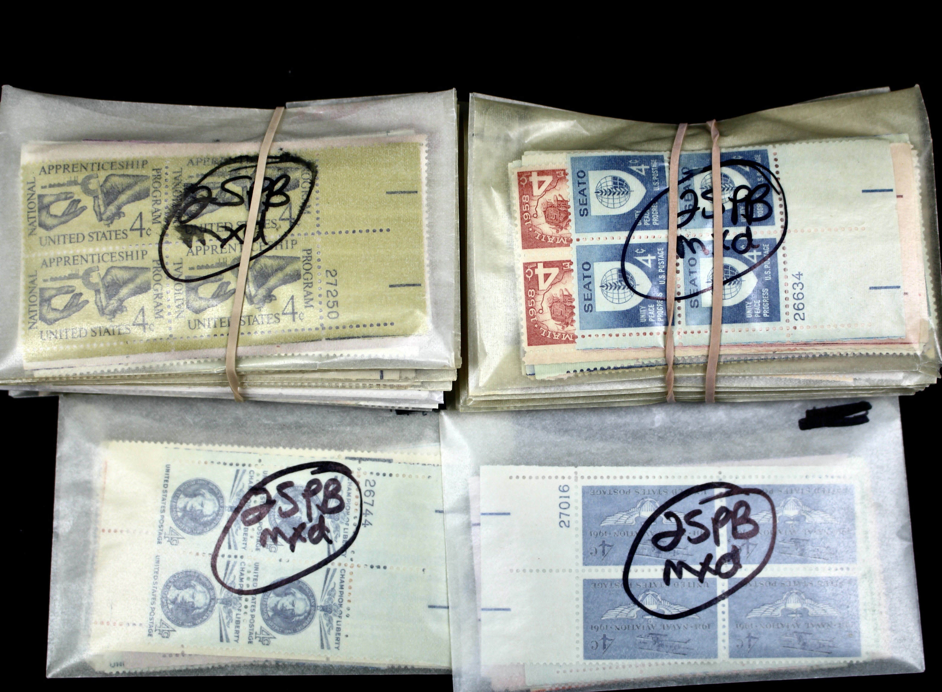 550 U.S. 4-Cent Postage Stamp Plate Blocks, 1950s to 1960s