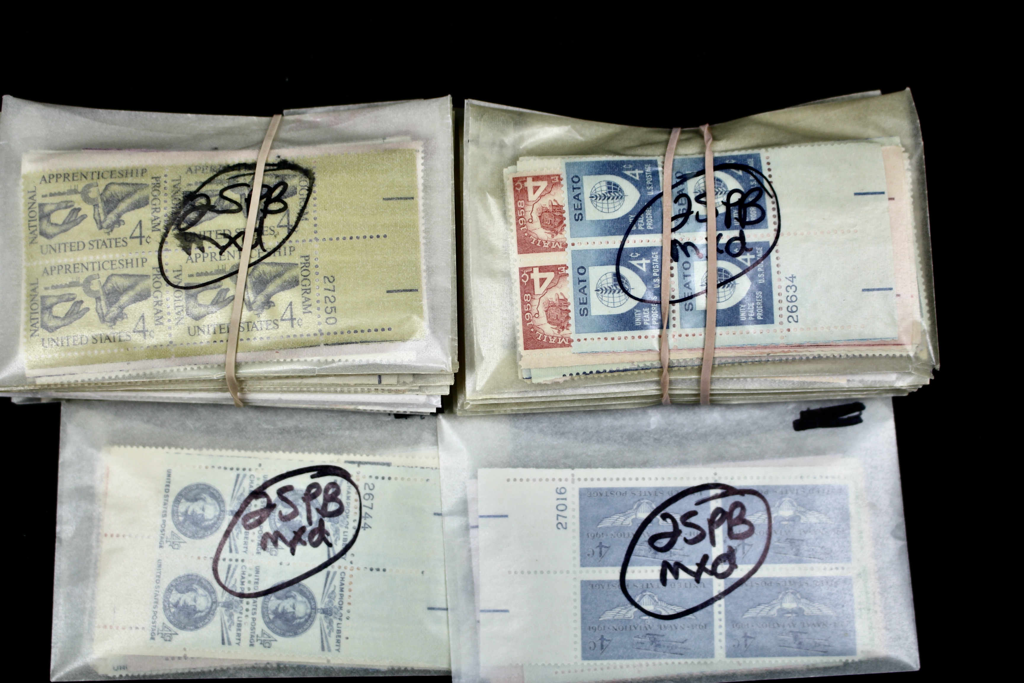 550 U.S. 4-Cent Postage Stamp Plate Blocks, 1950s to 1960s