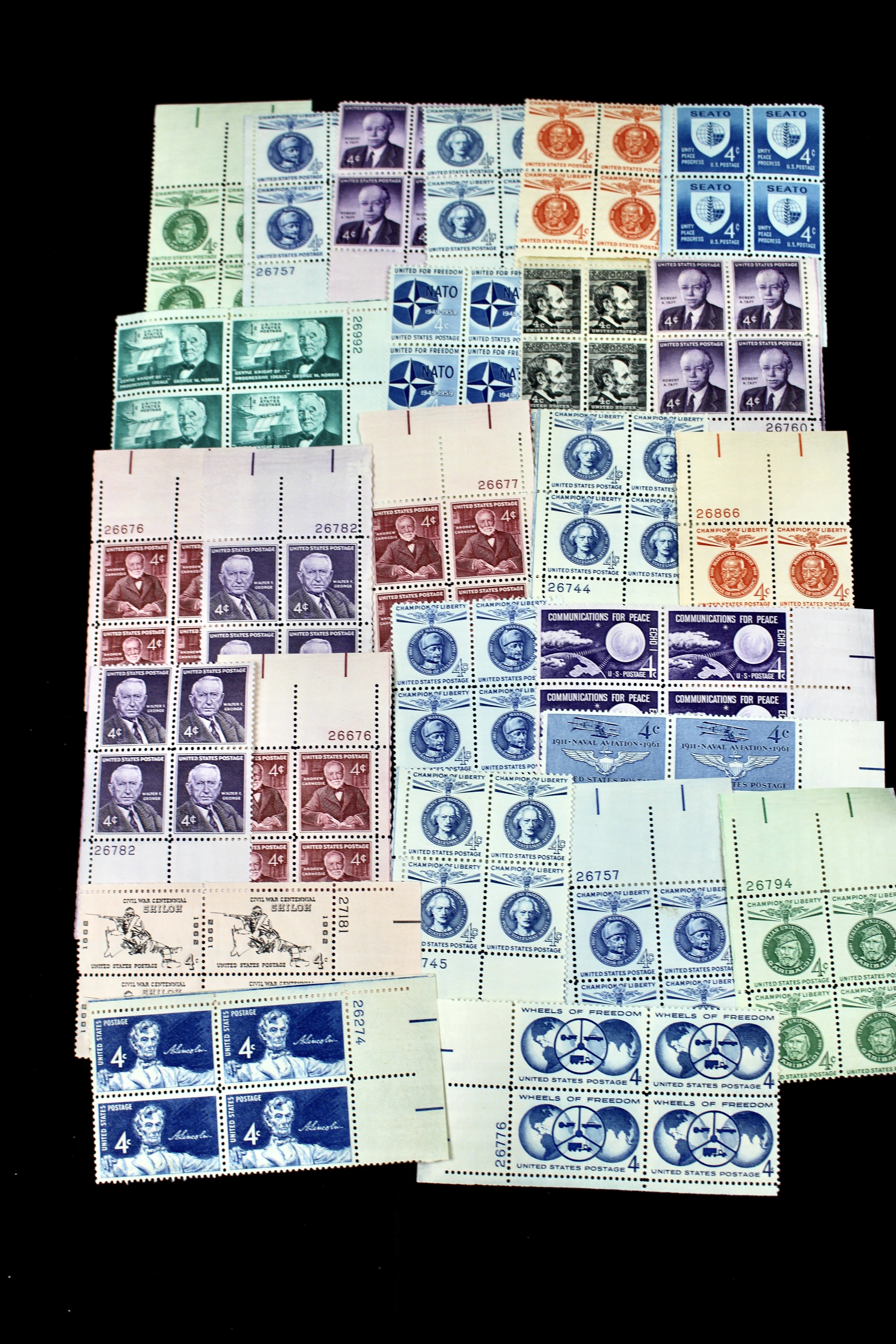 550 U.S. 4-Cent Postage Stamp Plate Blocks, 1950s to 1960s