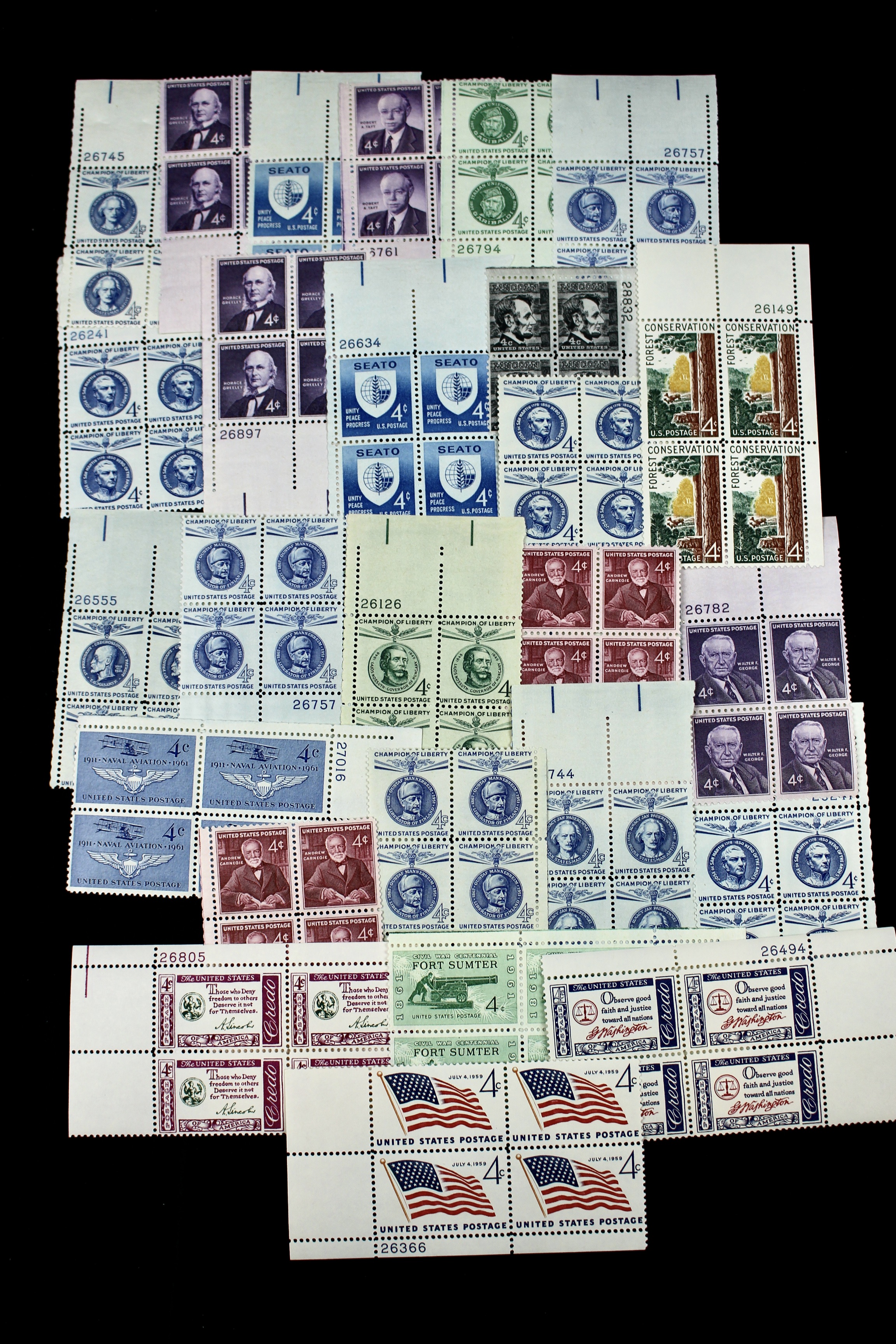 550 U.S. 4-Cent Postage Stamp Plate Blocks, 1950s to 1960s