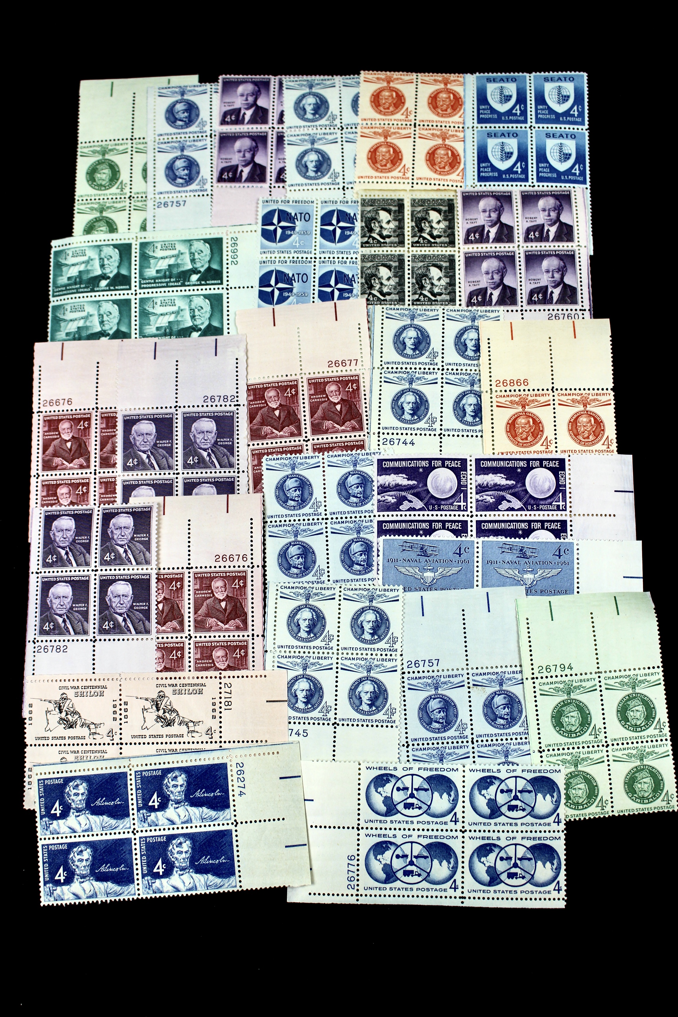 550 U.S. 4-Cent Postage Stamp Plate Blocks, 1950s to 1960s