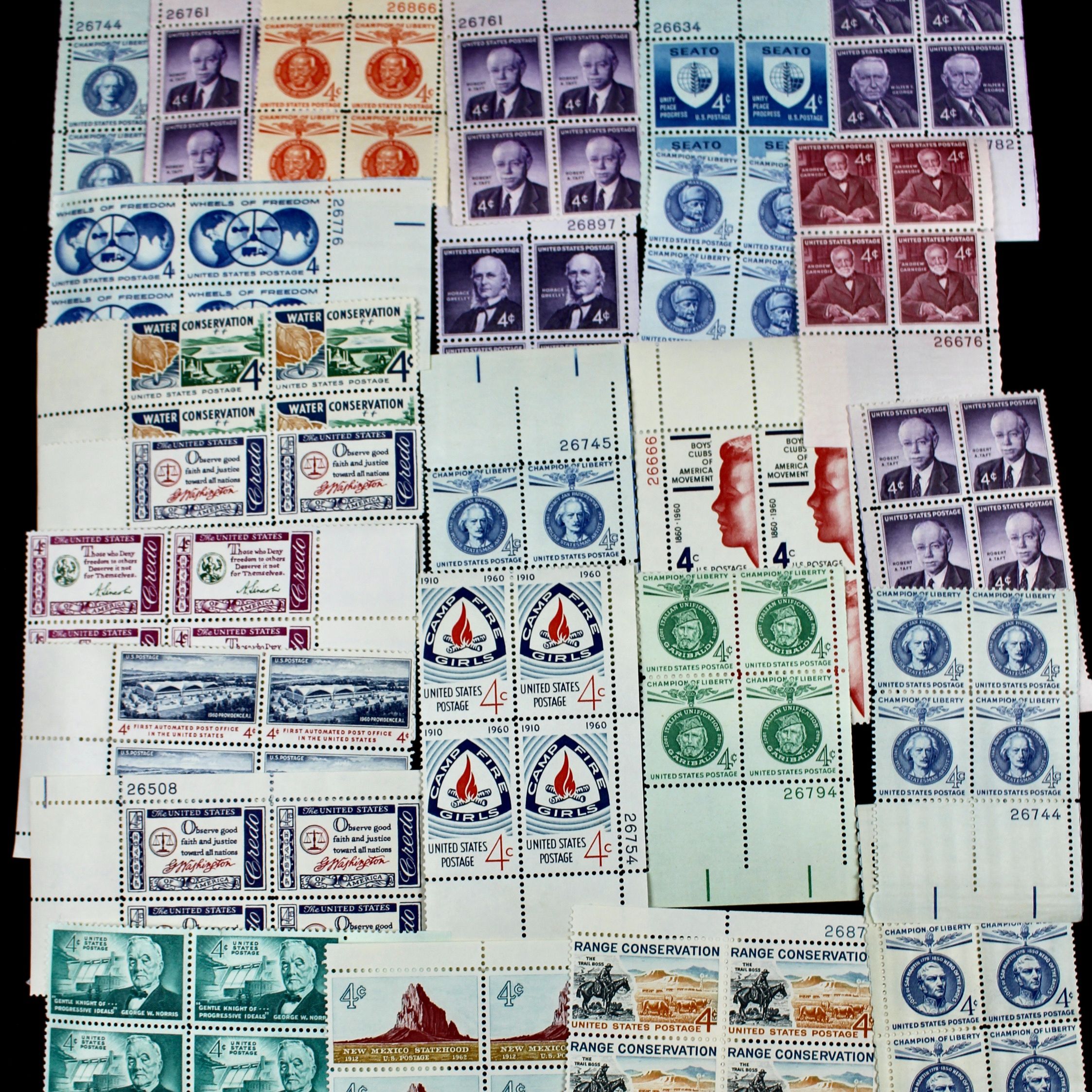 550 U.S. 4-Cent Postage Stamp Plate Blocks, 1950s to 1960s