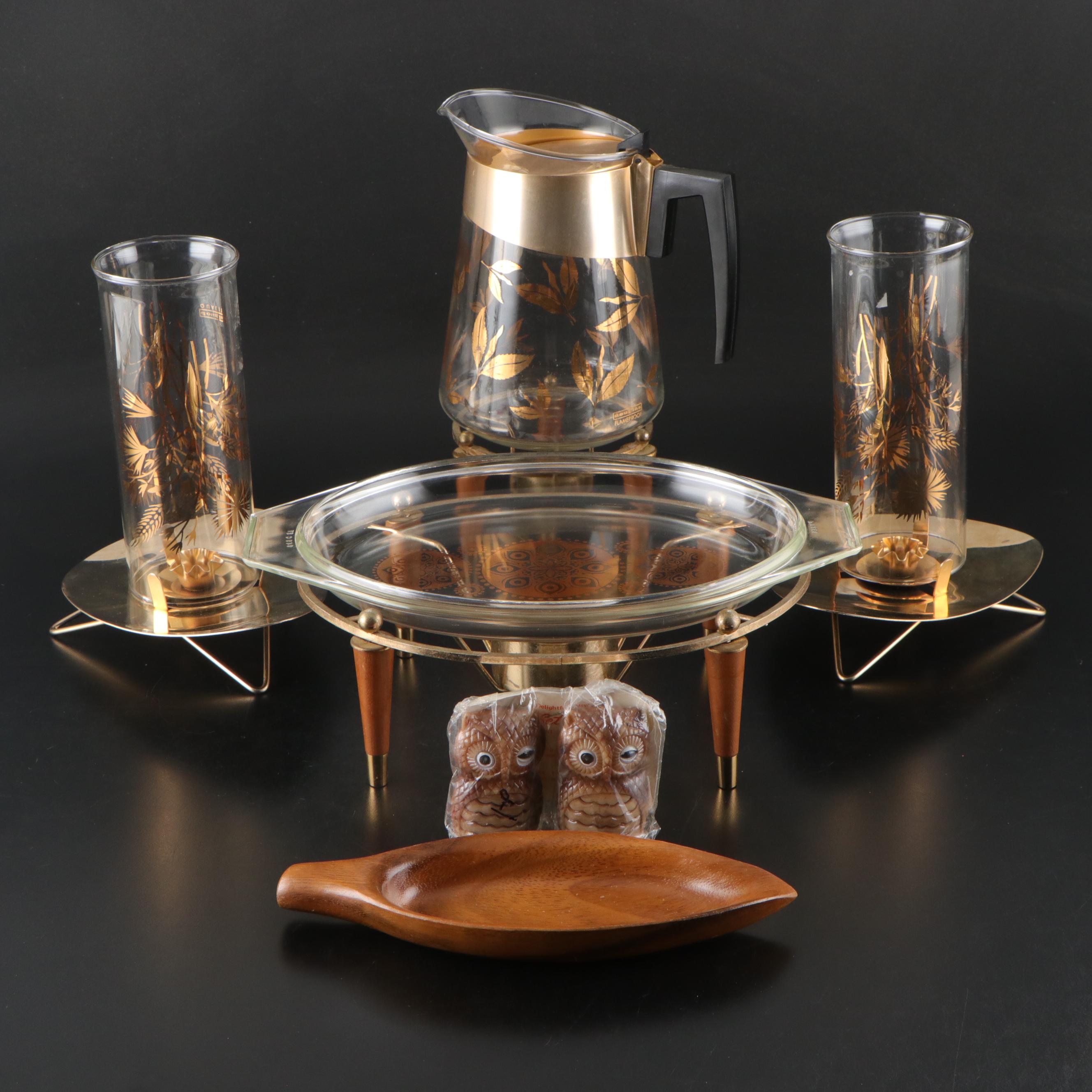 Pyrex Warming Tray with Wood Mango Leaf Bowl and More Mid Century Modern Décor