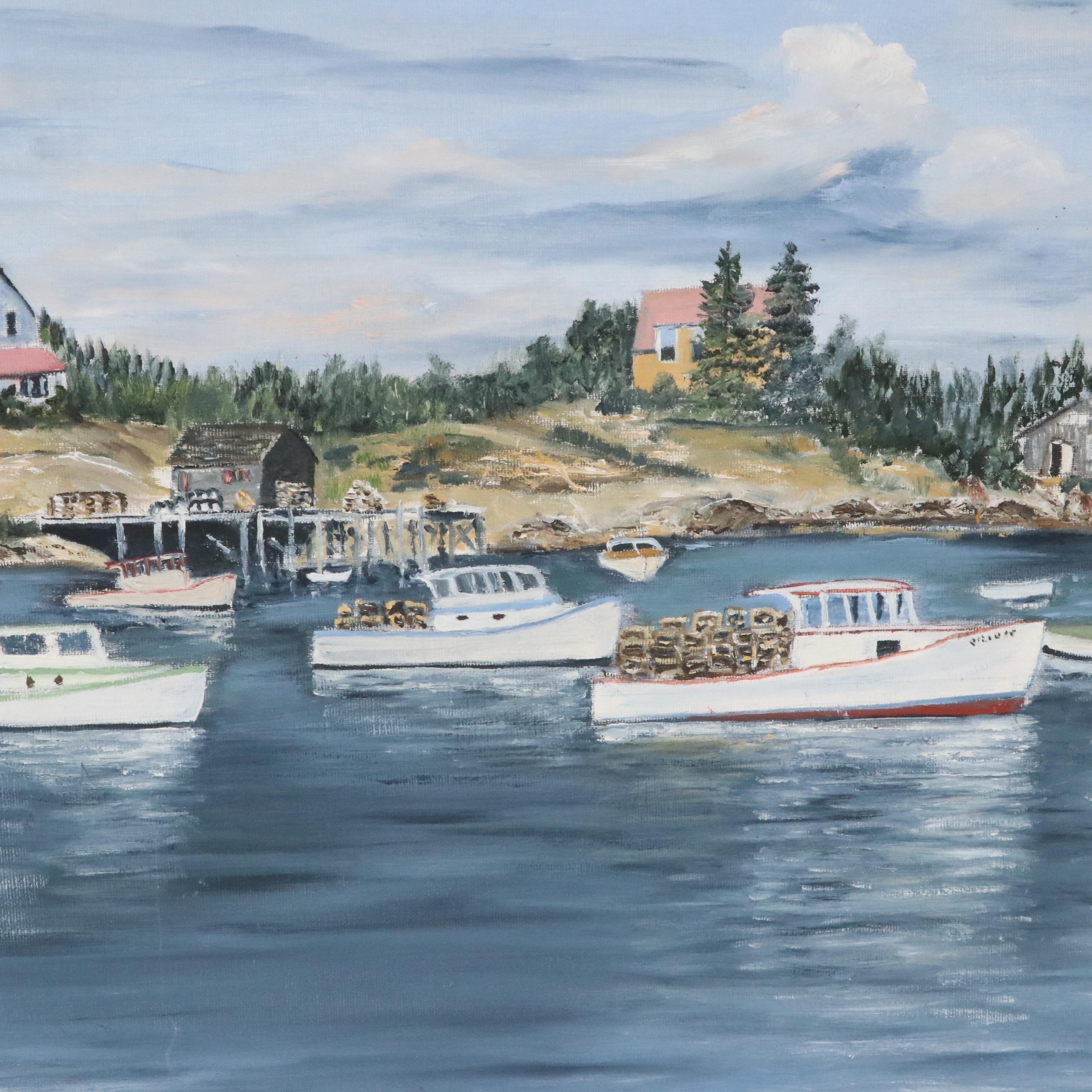 Thelma Peterson Lake Landscape Oil Painting of Harbor Scene "Busy Harbor"