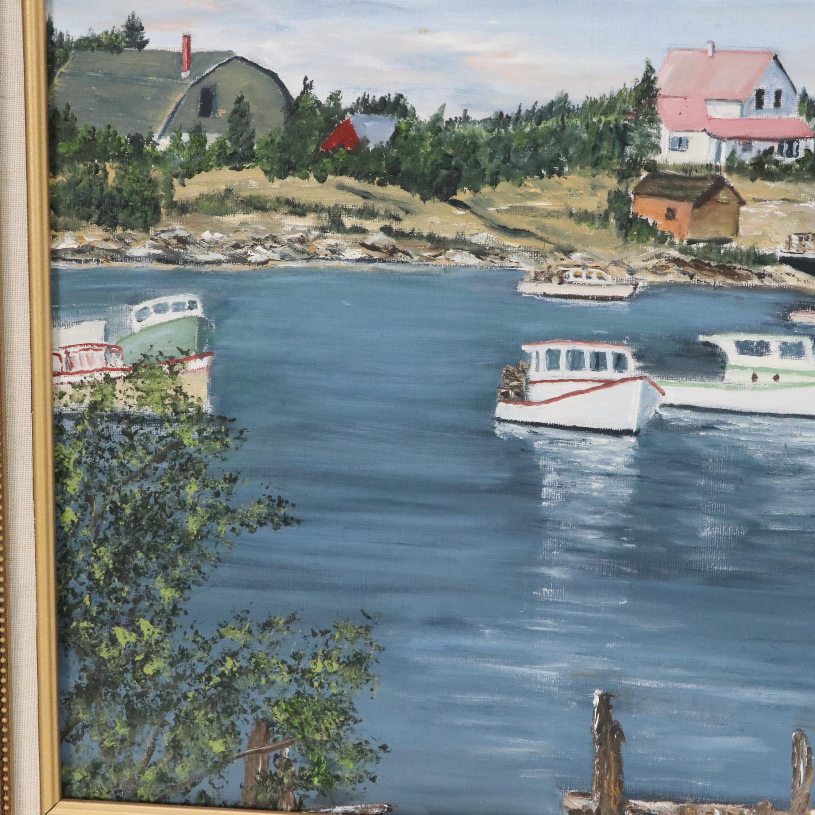 Thelma Peterson Lake Landscape Oil Painting of Harbor Scene "Busy Harbor"