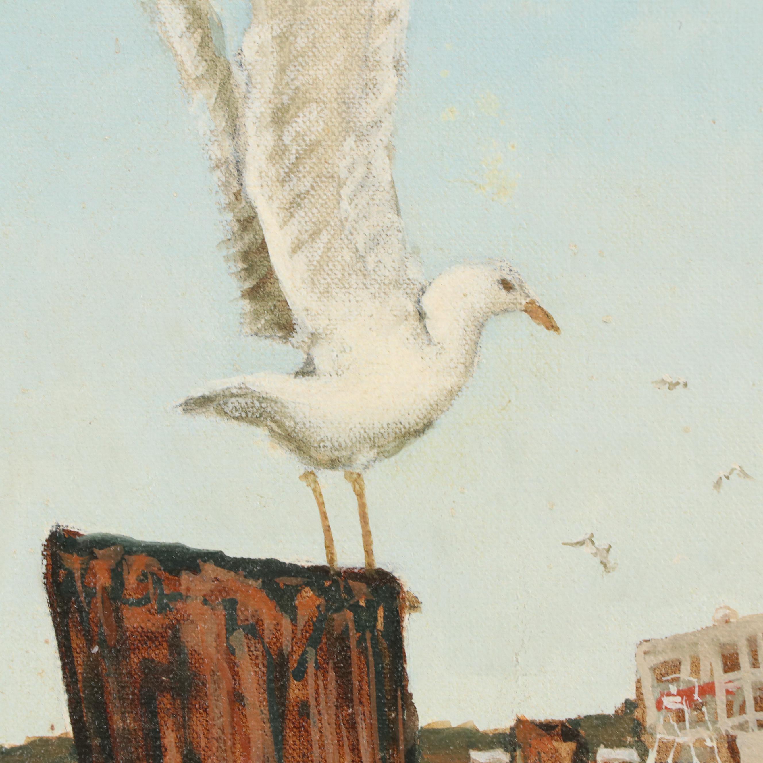 Maritime Oil Painting of Seagull on Wharf Piling, 1980