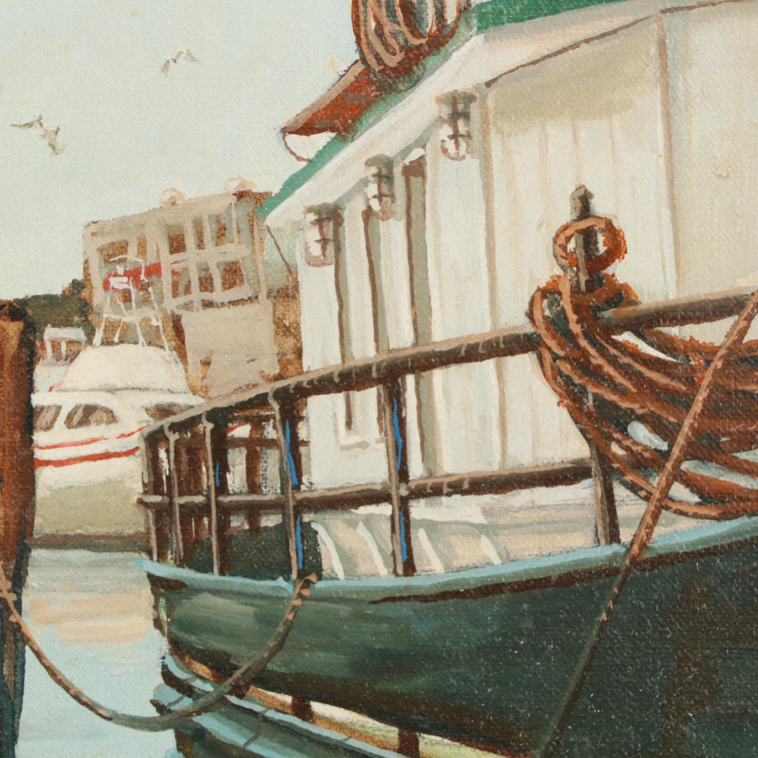 Maritime Oil Painting of Seagull on Wharf Piling, 1980
