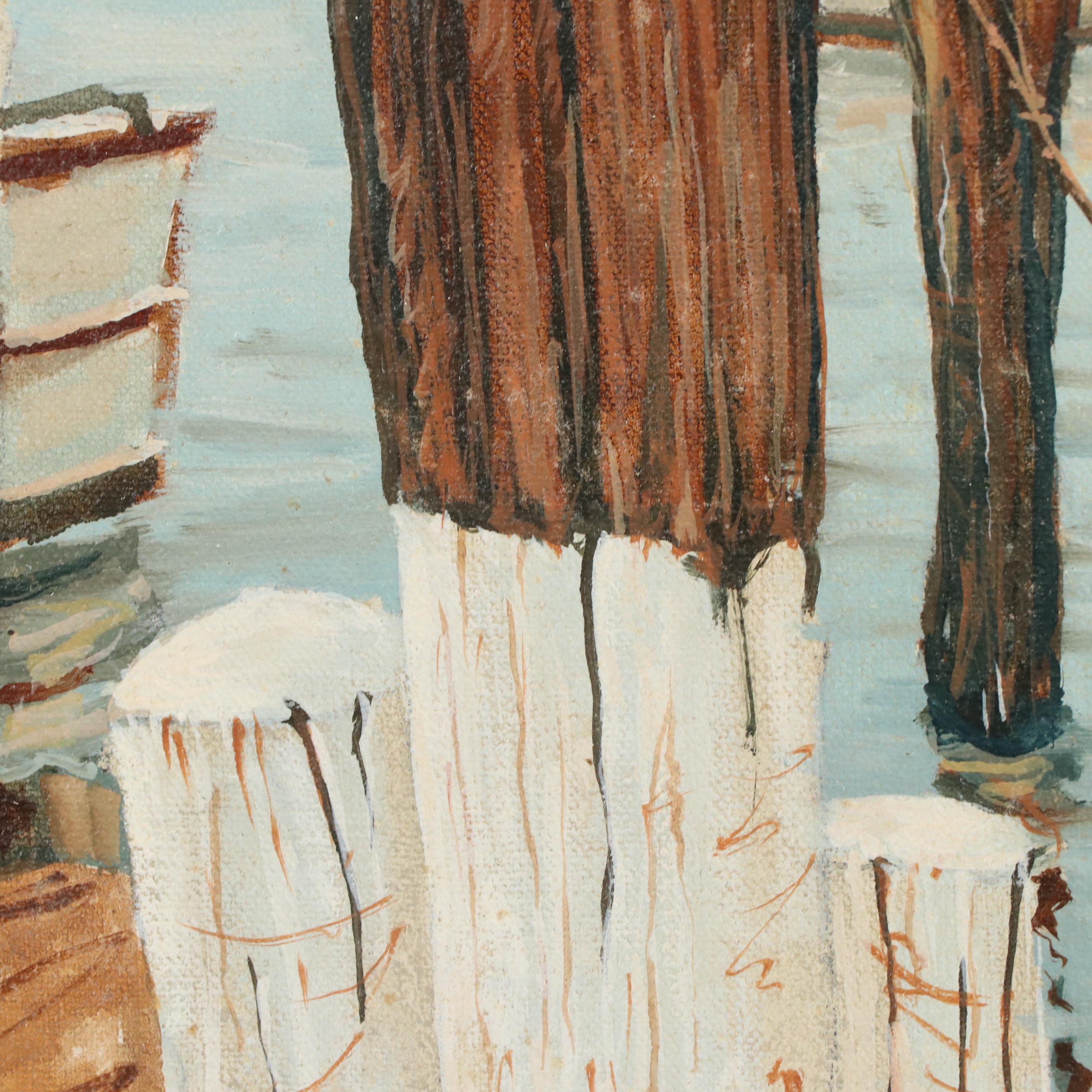 Maritime Oil Painting of Seagull on Wharf Piling, 1980